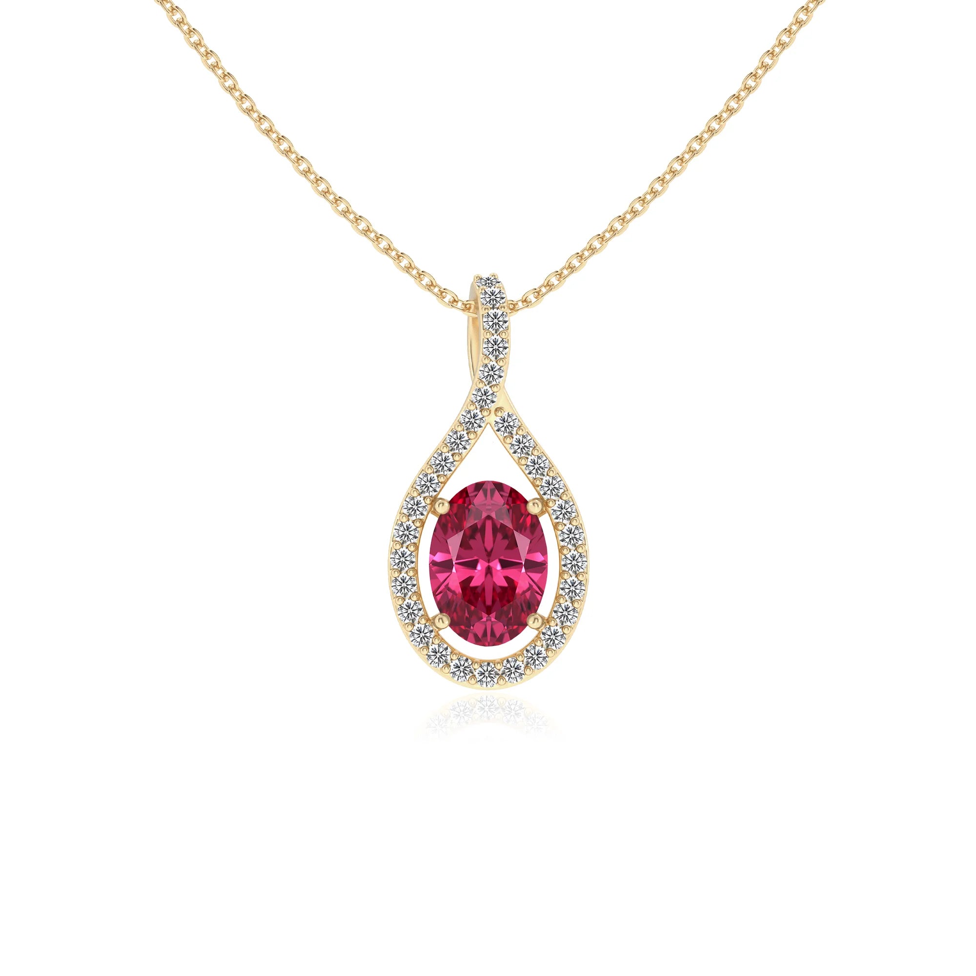lab grown pink-tourmaline oval solitaire necklaces in yellow gold