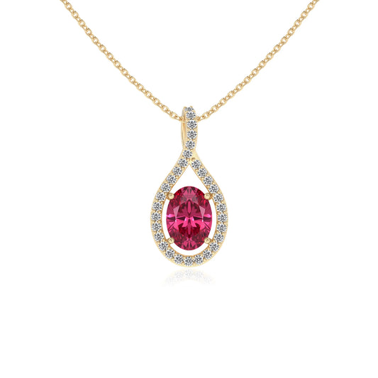 lab grown pink-tourmaline oval solitaire necklaces in yellow gold