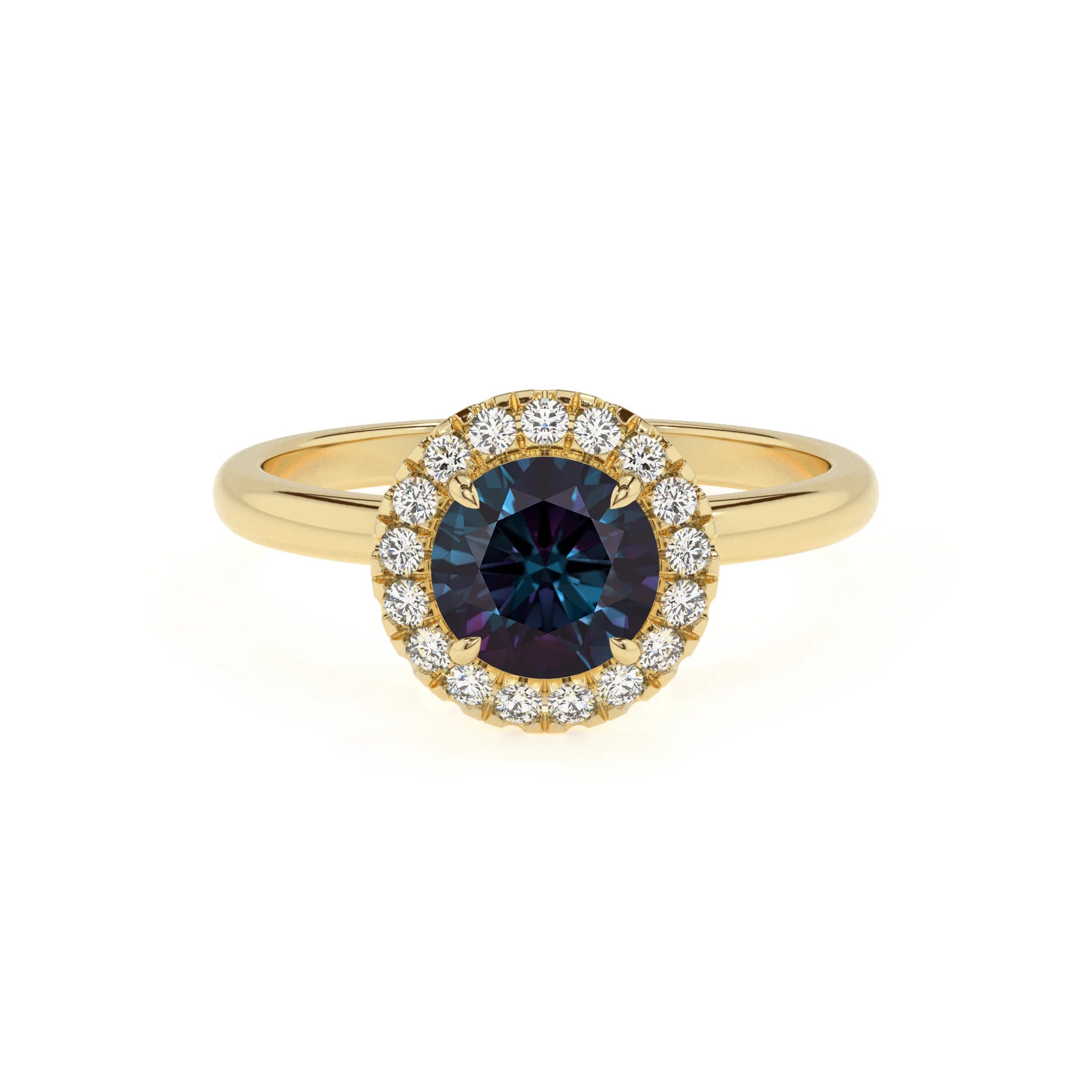 lab grown alexandrite round solitaire rings in yellow gold