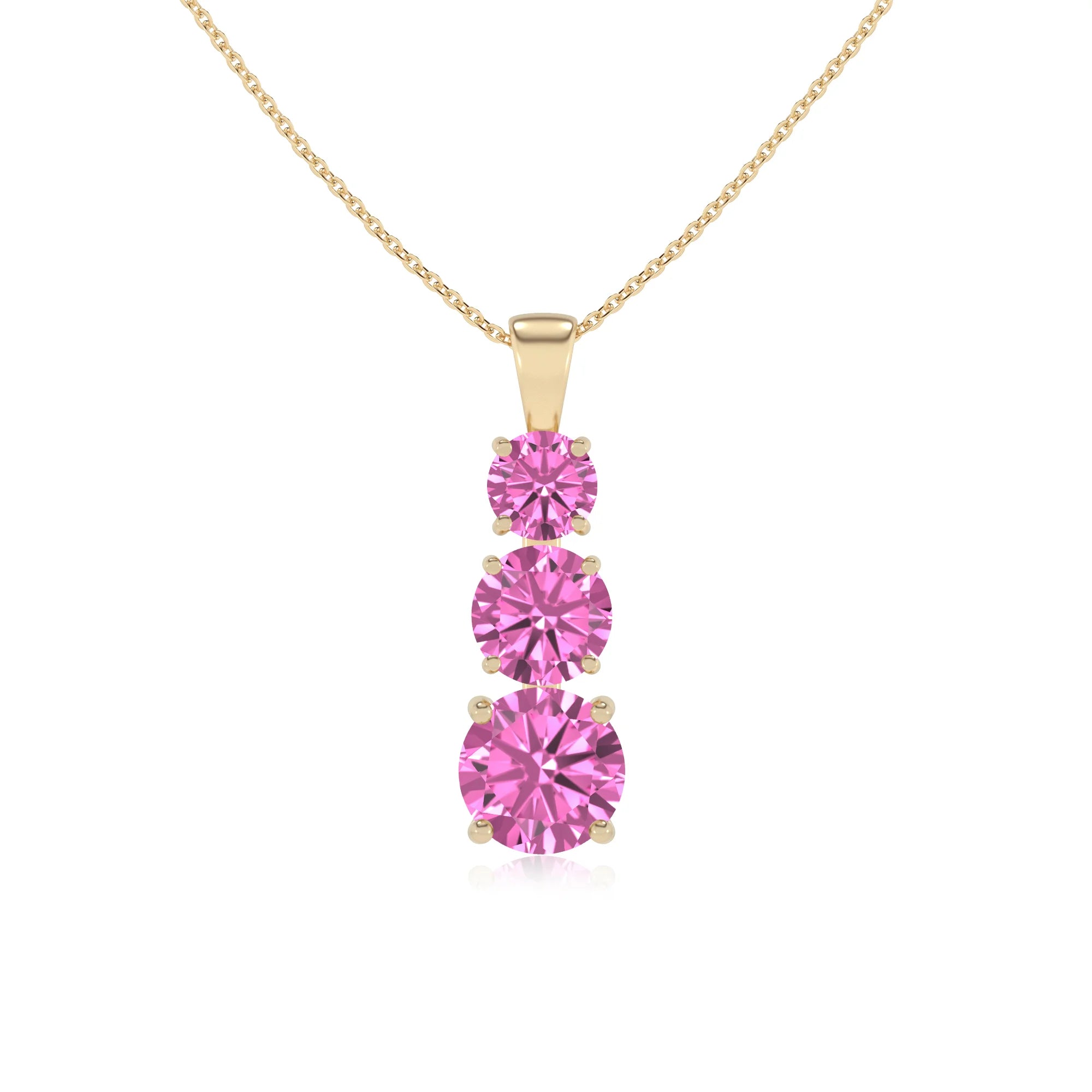 lab grown pink-sapphire round bar v-bale necklaces in yellow gold