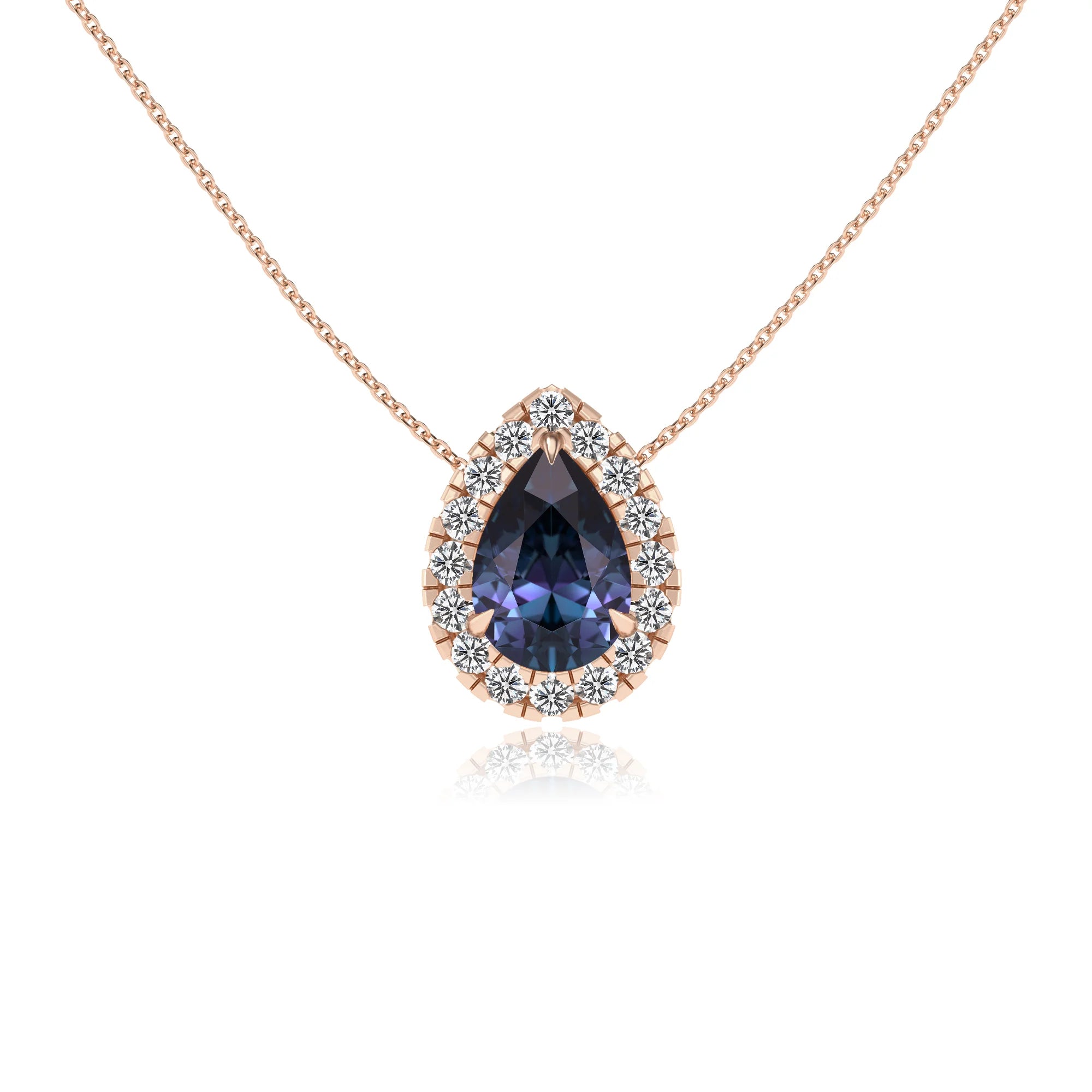 lab grown alexandrite pear solitaire necklaces in rose gold