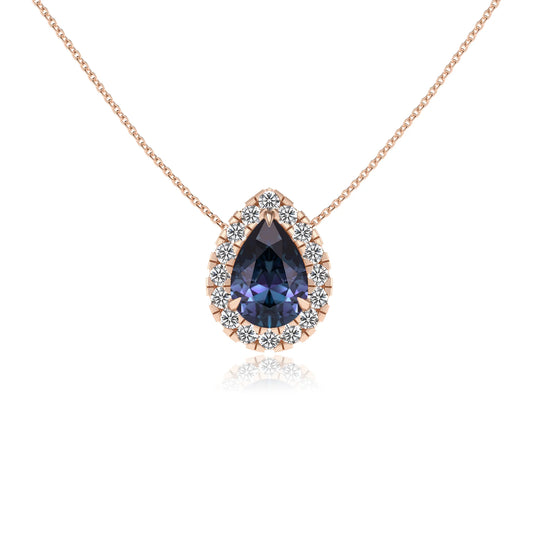 lab grown alexandrite pear solitaire necklaces in rose gold