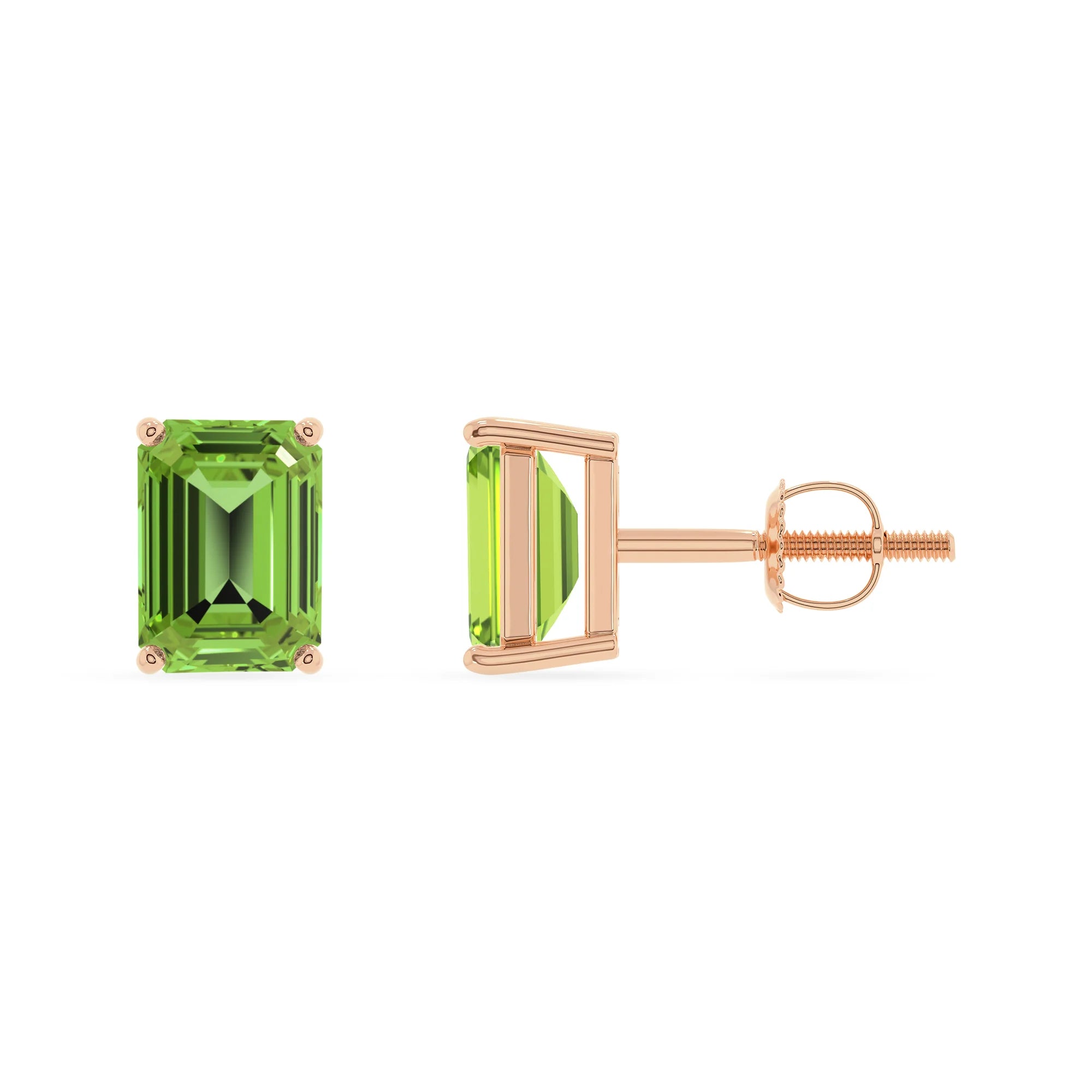 natural peridot emerald cut stud earrings in rose gold