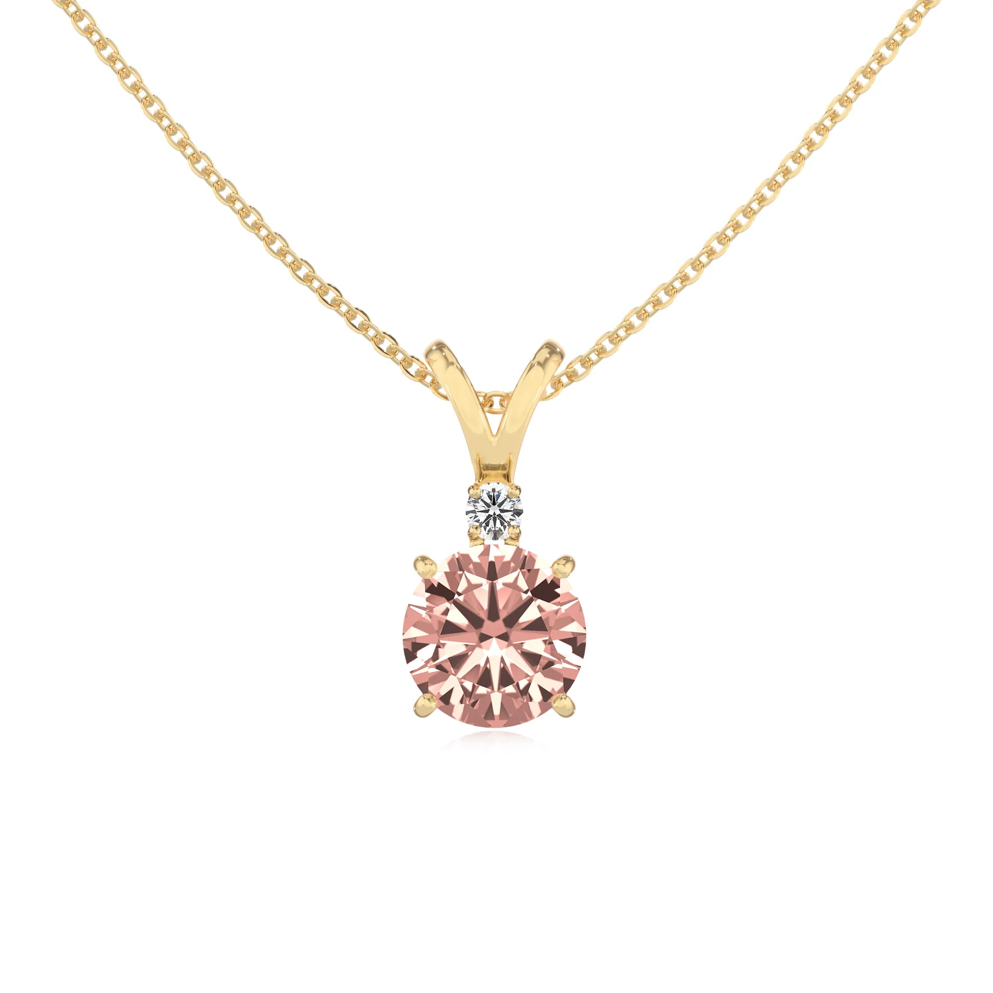 lab grown morganite round solitaire v-bale necklaces in yellow gold