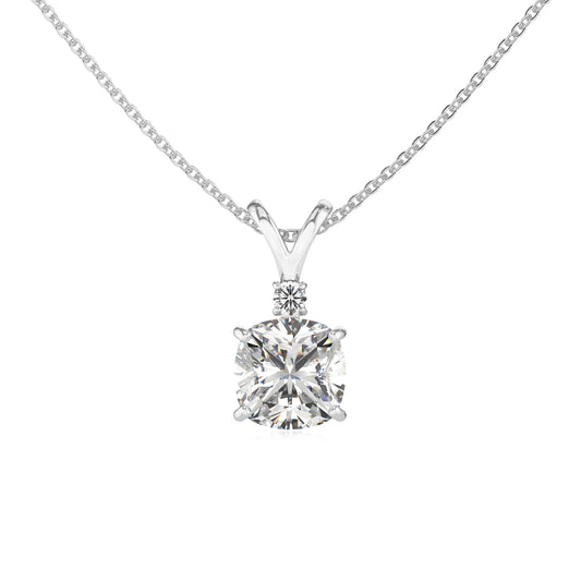 lab grown moissanite cushion solitaire v-bale necklaces in platinum