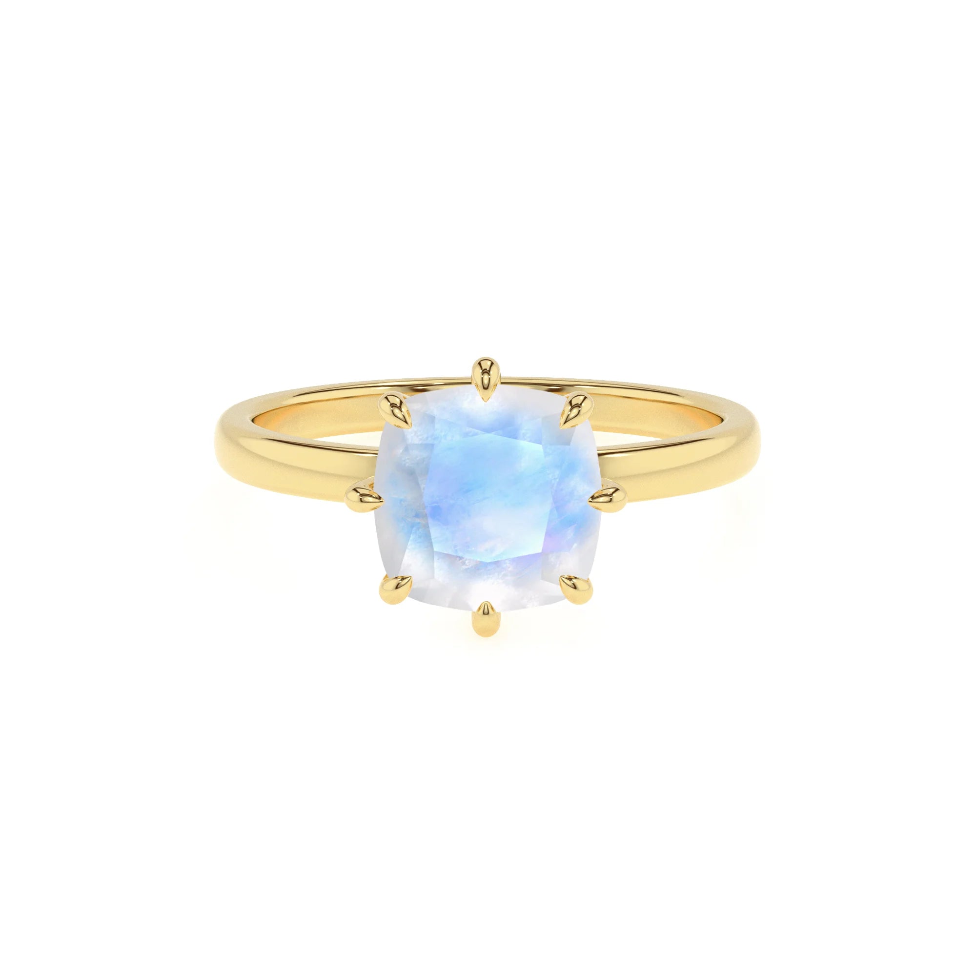 natural rainbow-moonstone cushion solitaire rings in yellow gold