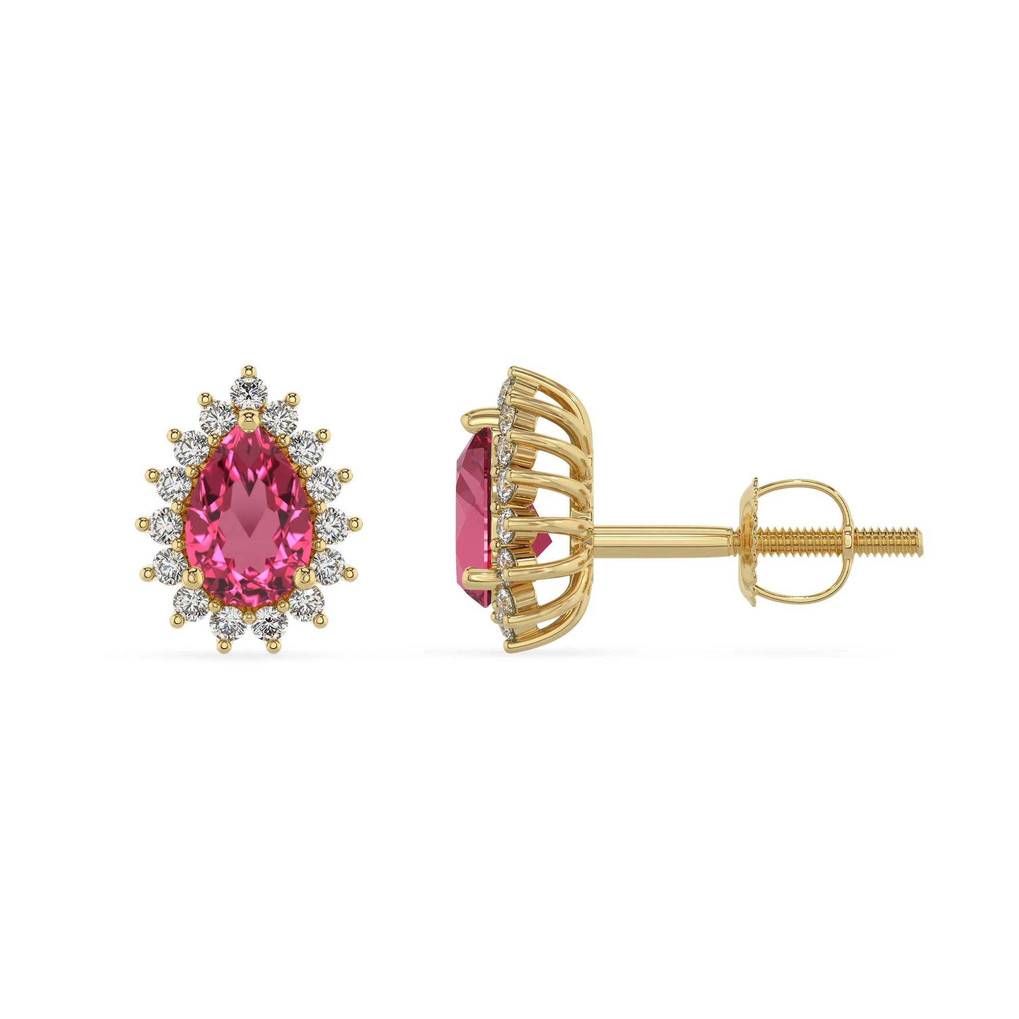 lab grown pink tourmaline pear stud earrings in yellow gold