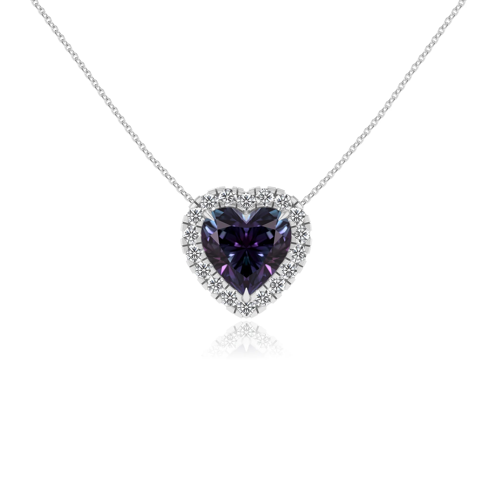 lab grown alexandrite heart solitaire necklaces in white gold