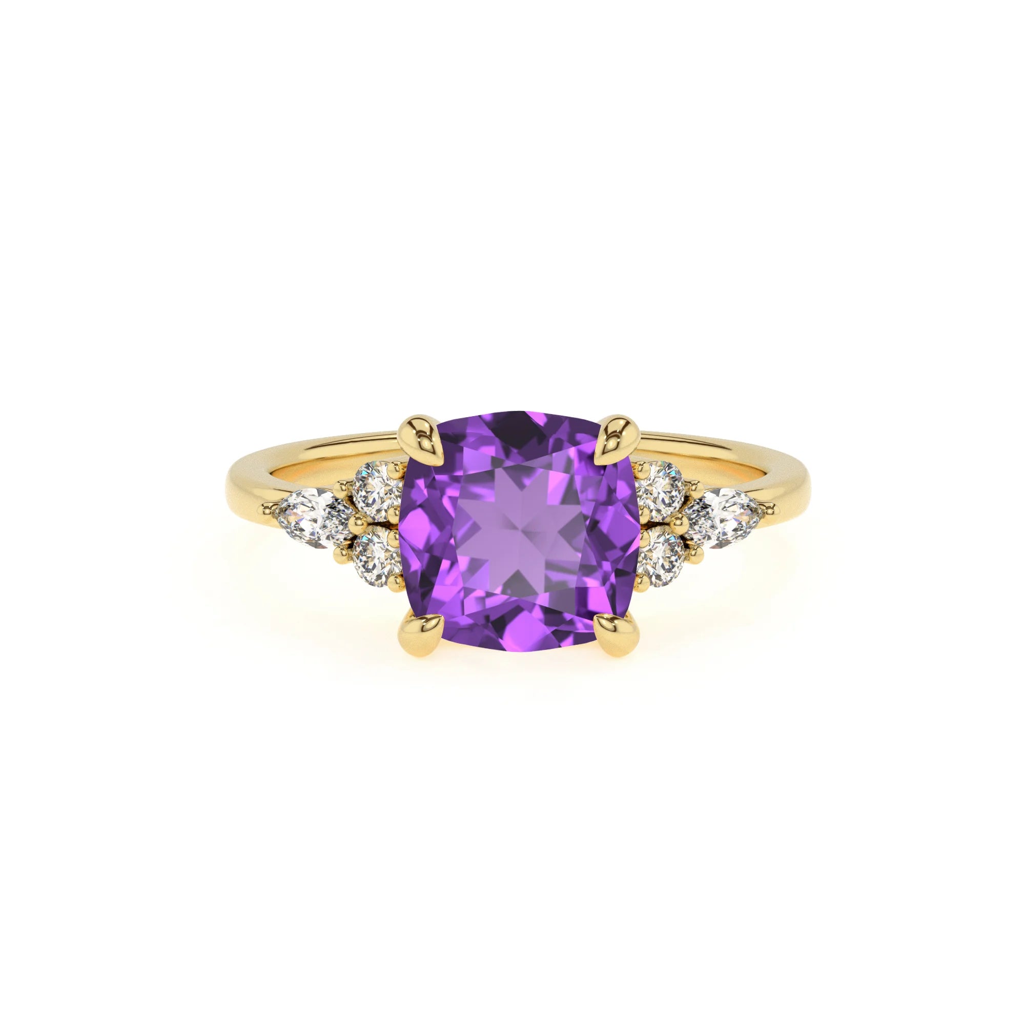 lab grown amethyst cushion solitaire rings in yellow gold