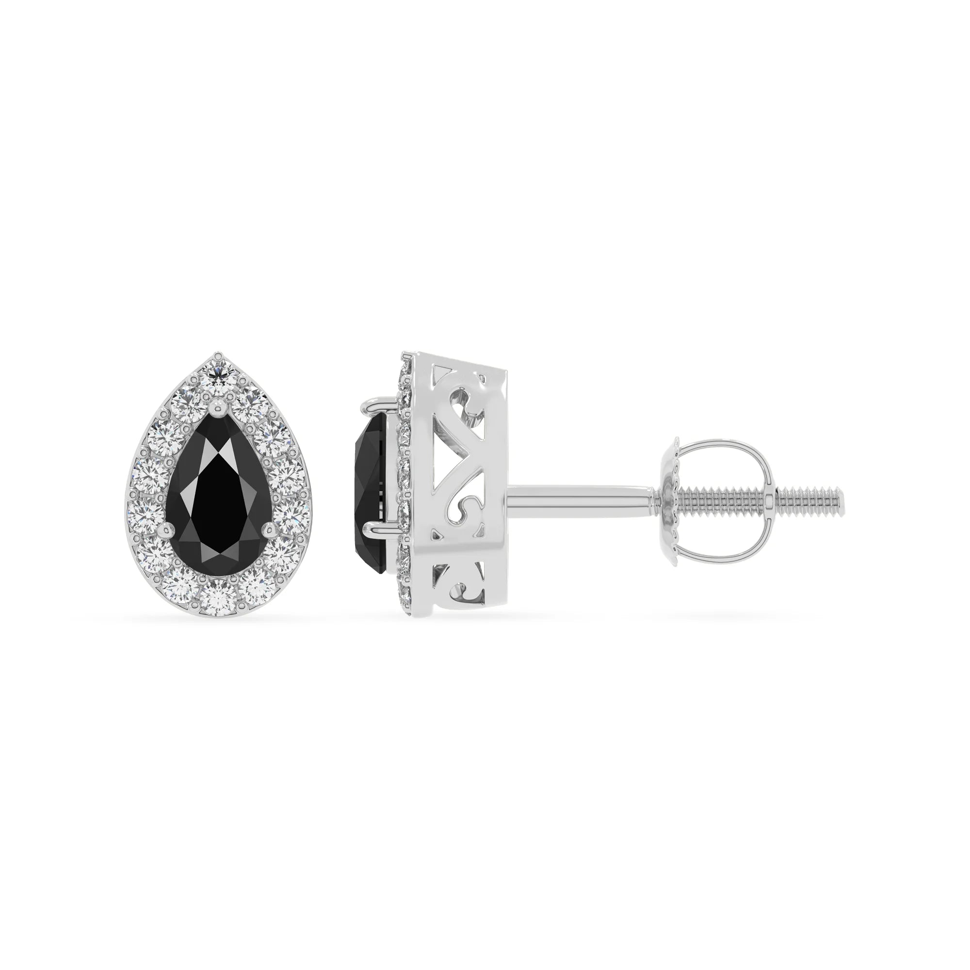 natural black onyx pear stud earrings in white gold