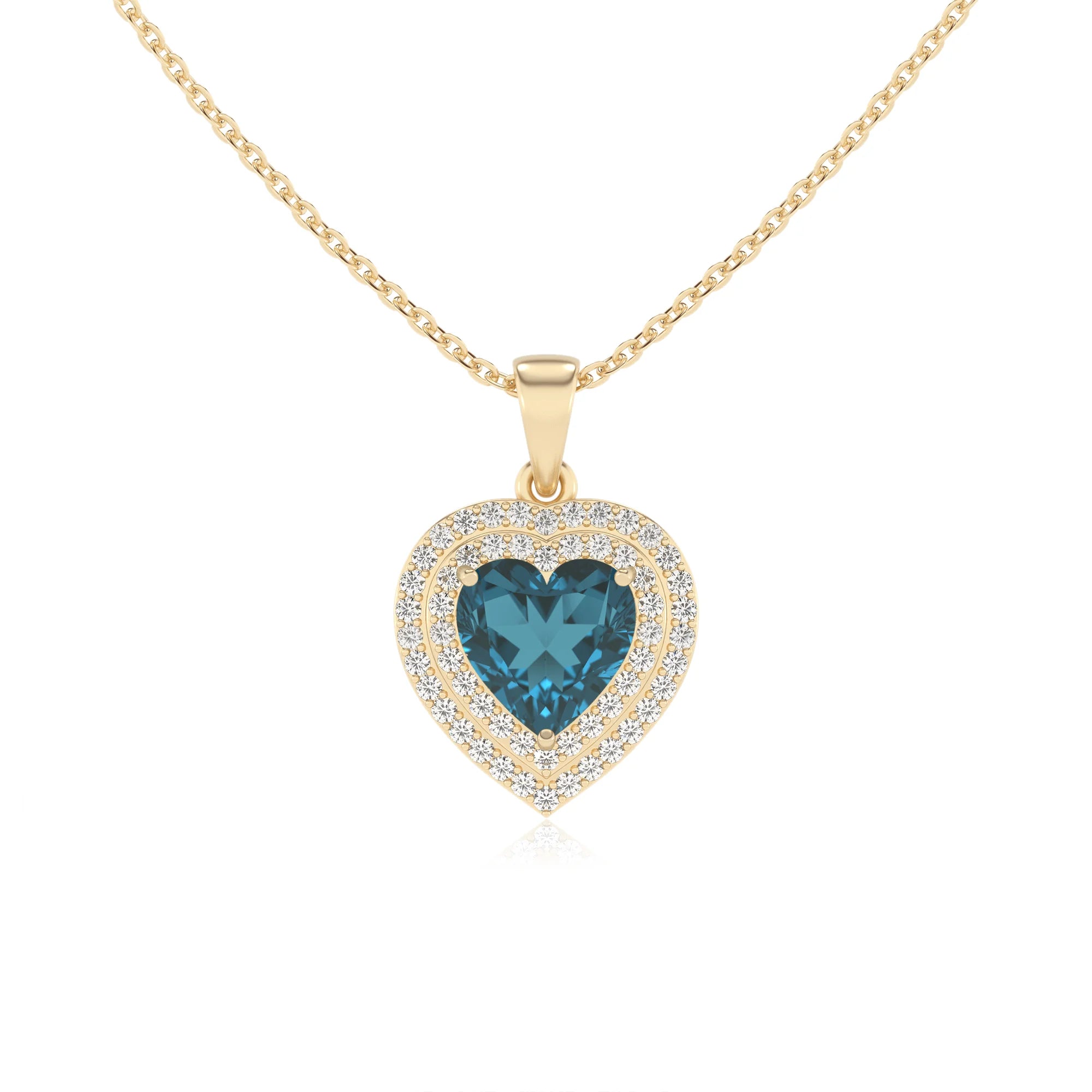 natural london blue topaz heart halo necklaces in yellow gold