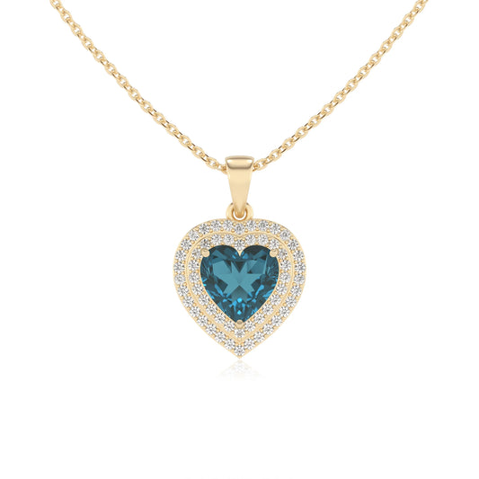 natural london blue topaz heart halo necklaces in yellow gold