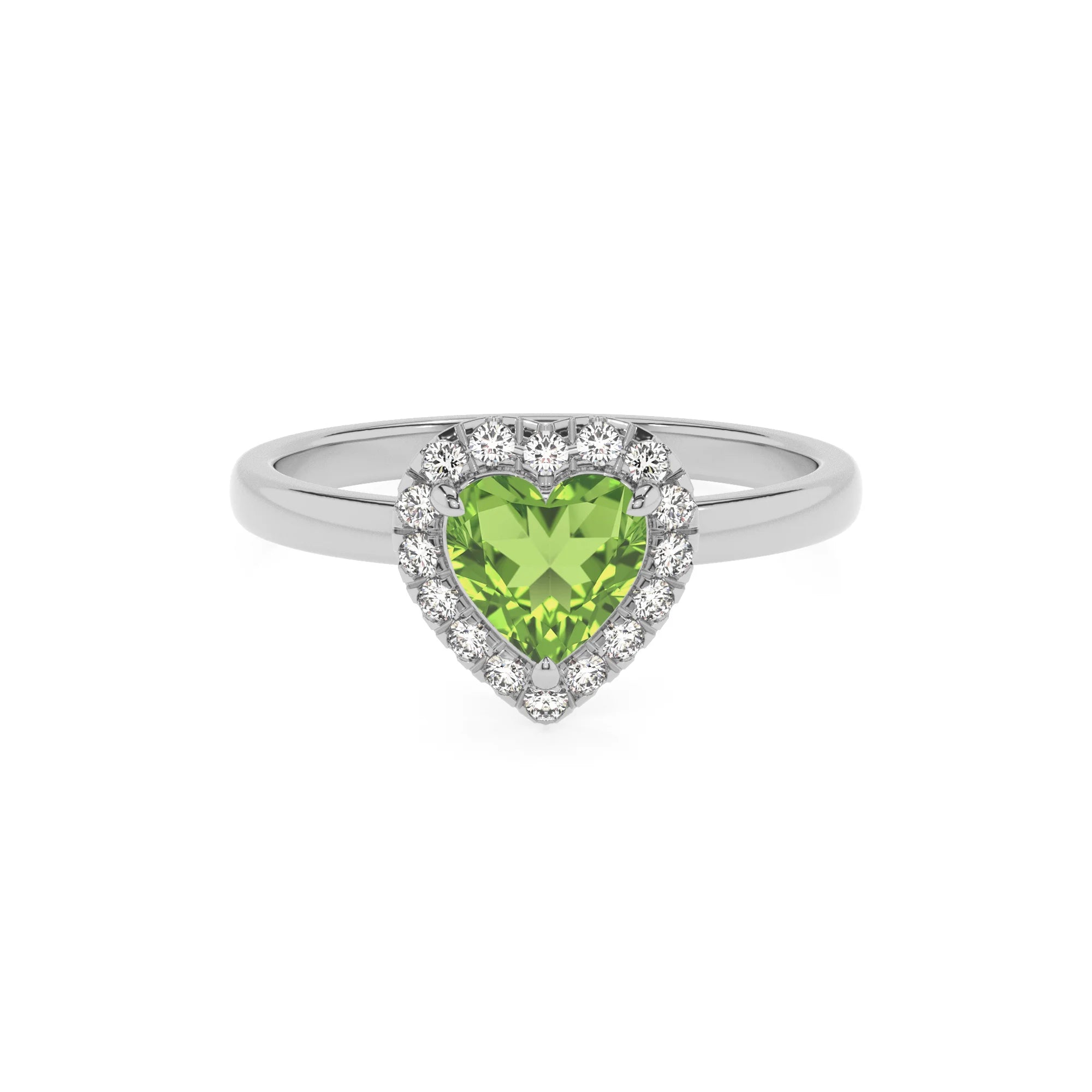 natural peridot heart solitaire rings in platinum