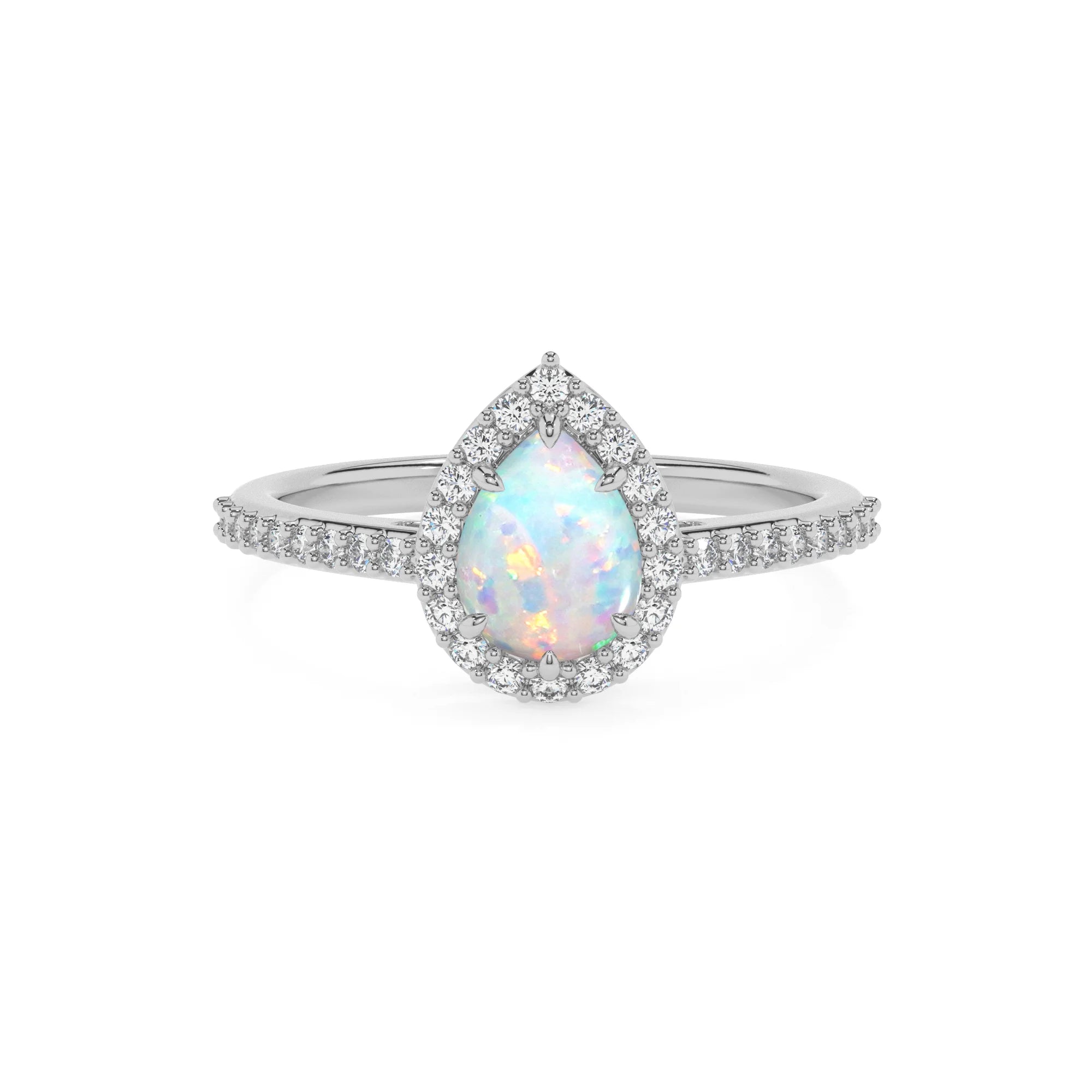 lab grown opal pear solitaire rings in sterling silver