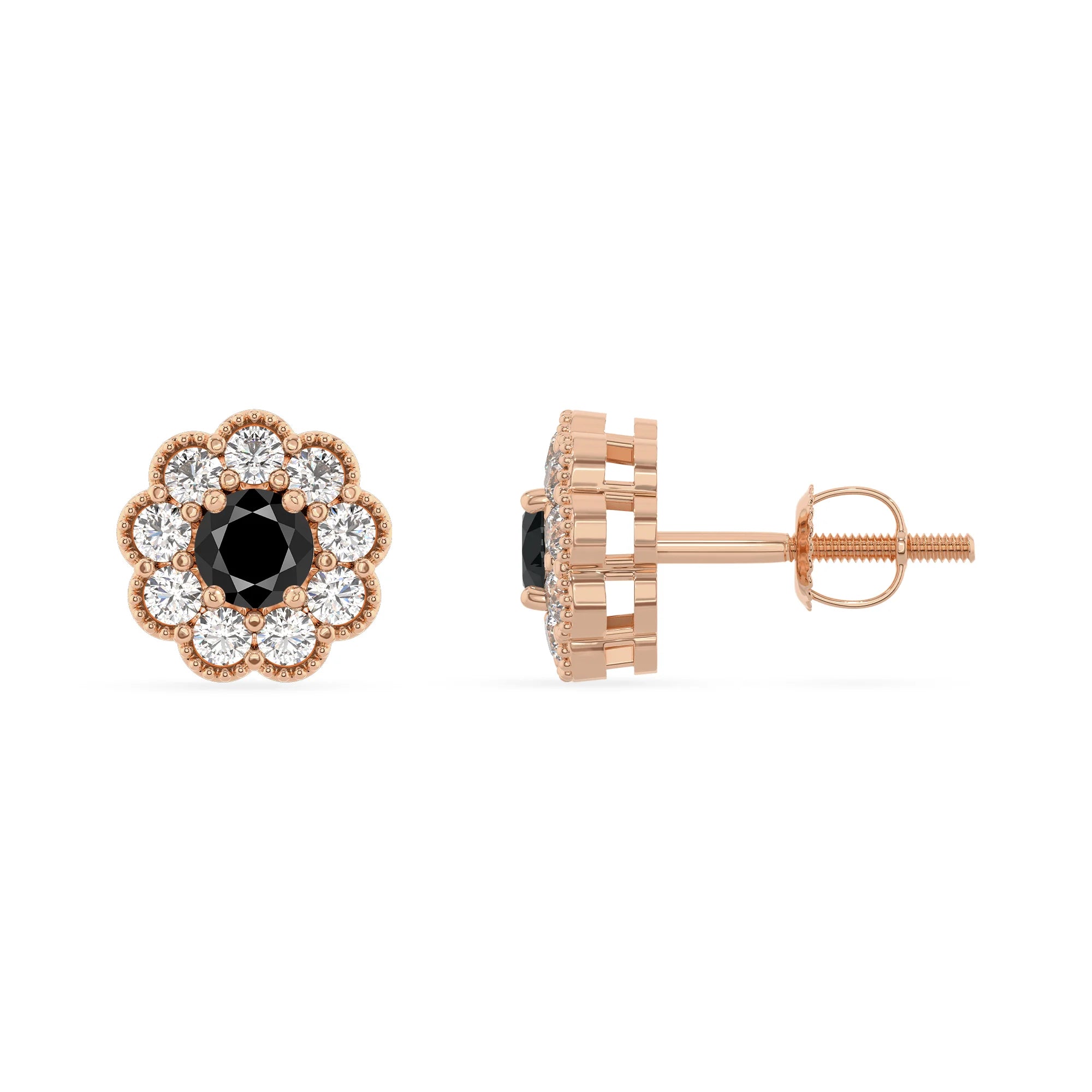 natural black onyx round stud earrings in rose gold