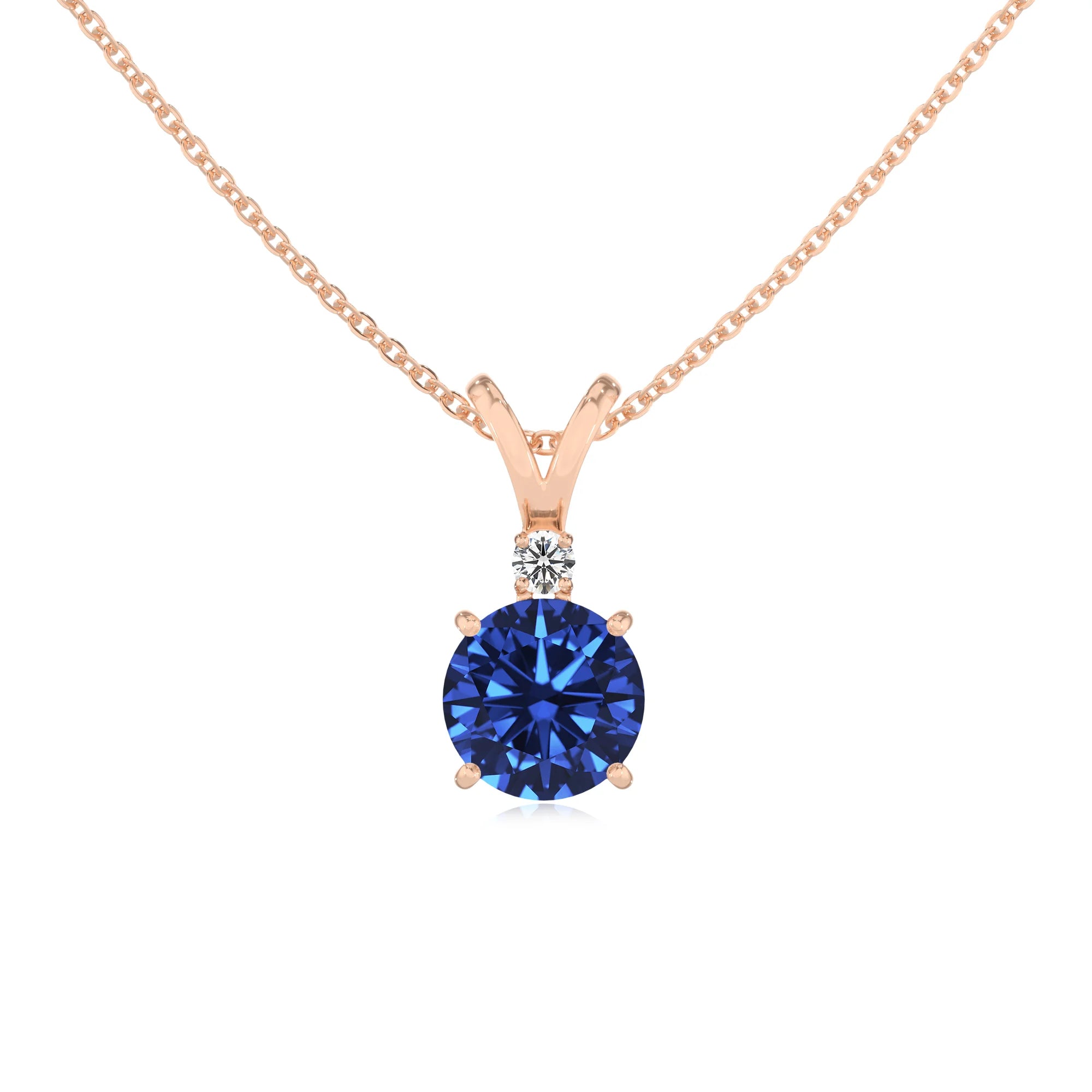 lab grown blue-sapphire round solitaire v-bale necklaces in rose gold