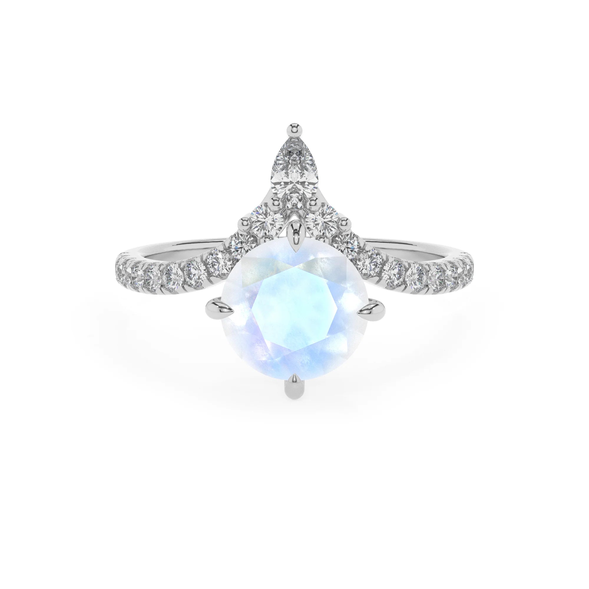 natural rainbow-moonstone round solitaire rings in white gold