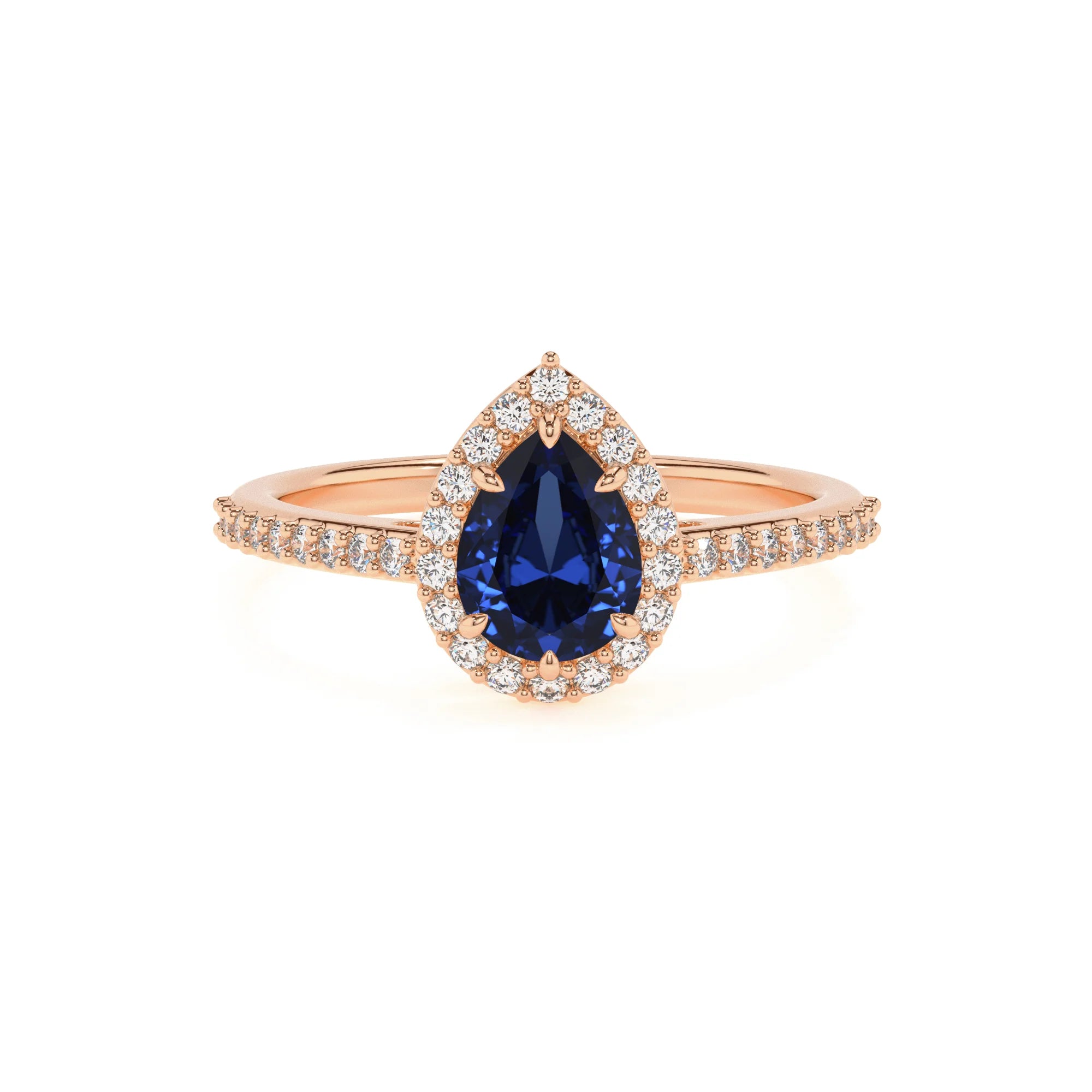lab grown blue-sapphire pear solitaire rings in rose gold