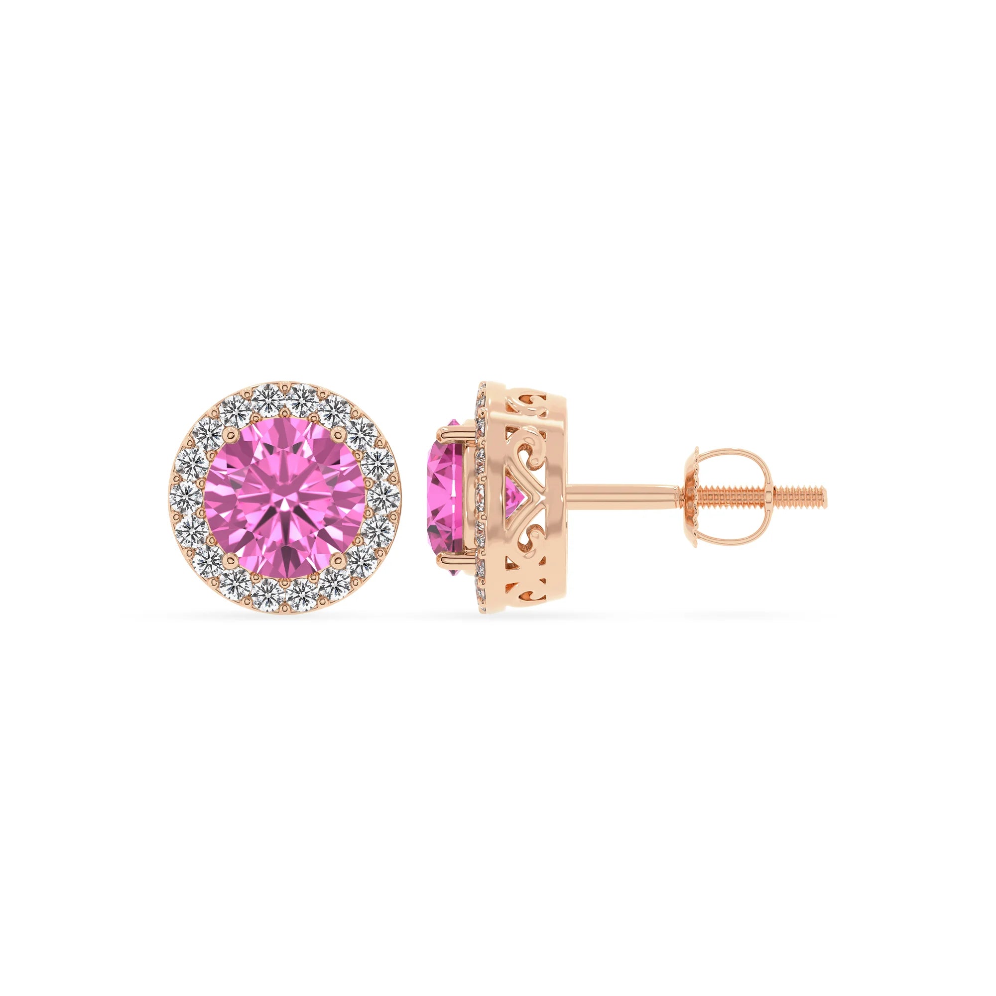 lab grown pink sapphire round stud earrings in rose gold