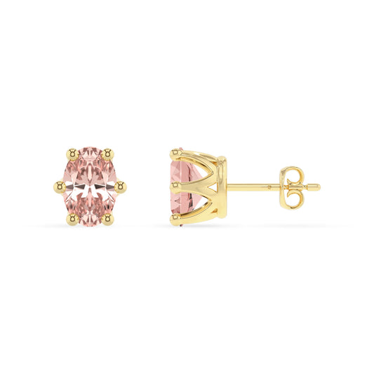 lab grown morganite oval stud earrings in yellow gold