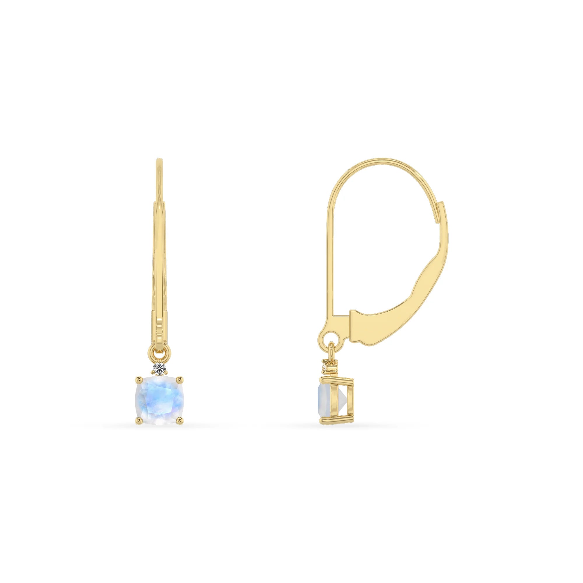 natural rainbow moonstone cushion drop earrings in yellow gold