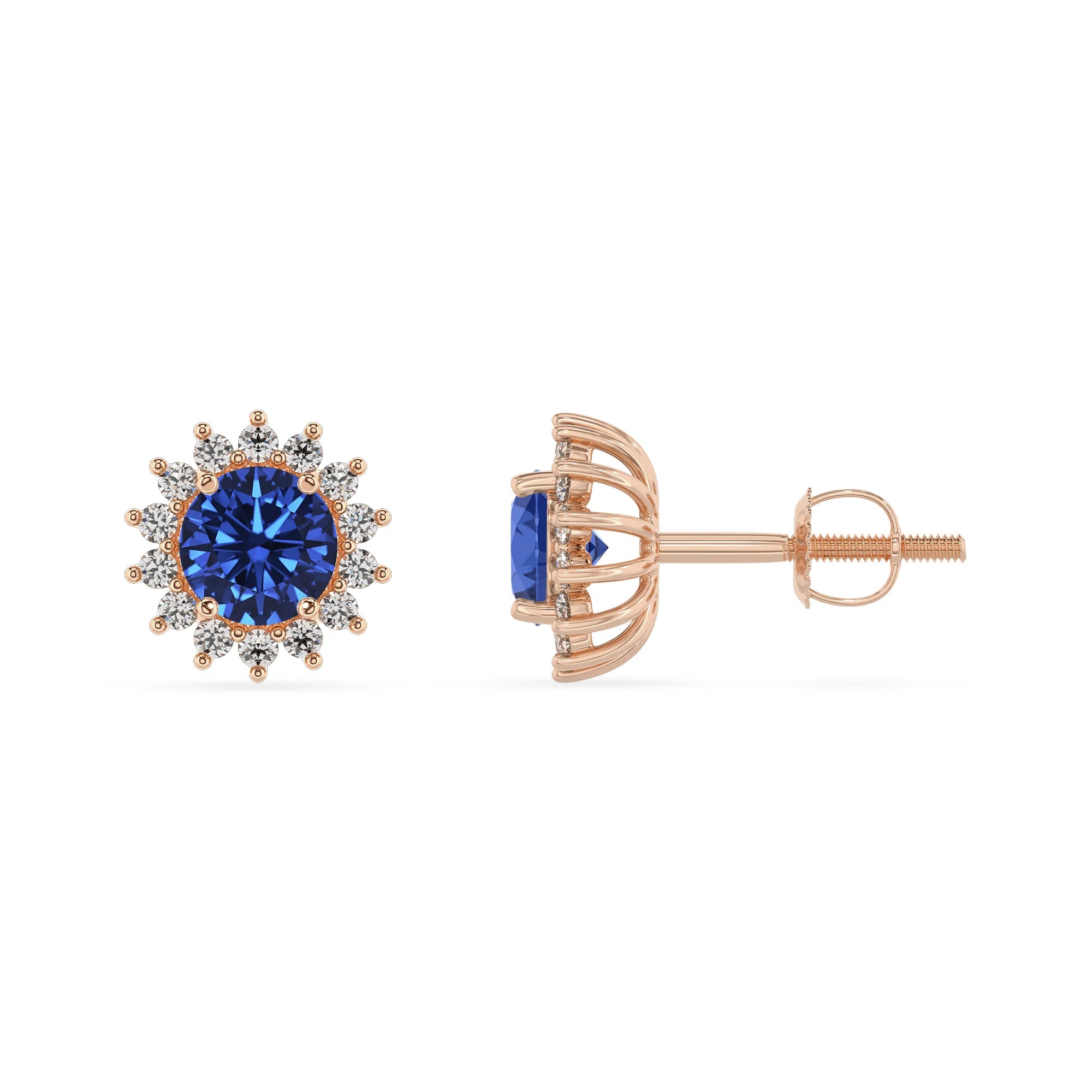 lab grown blue sapphire round stud earrings in rose gold