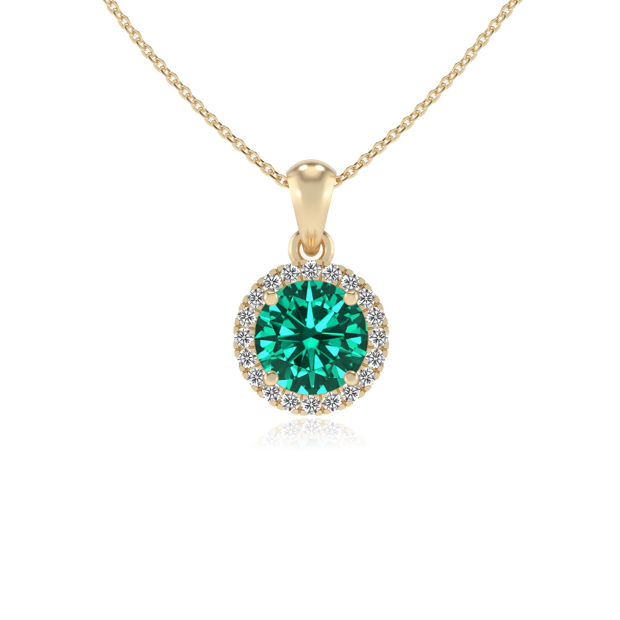 lab grown emerald round solitaire necklaces in yellow gold