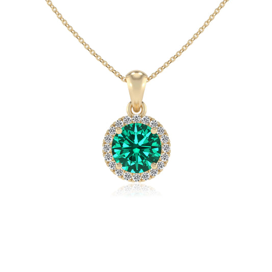 lab grown emerald round solitaire necklaces in yellow gold