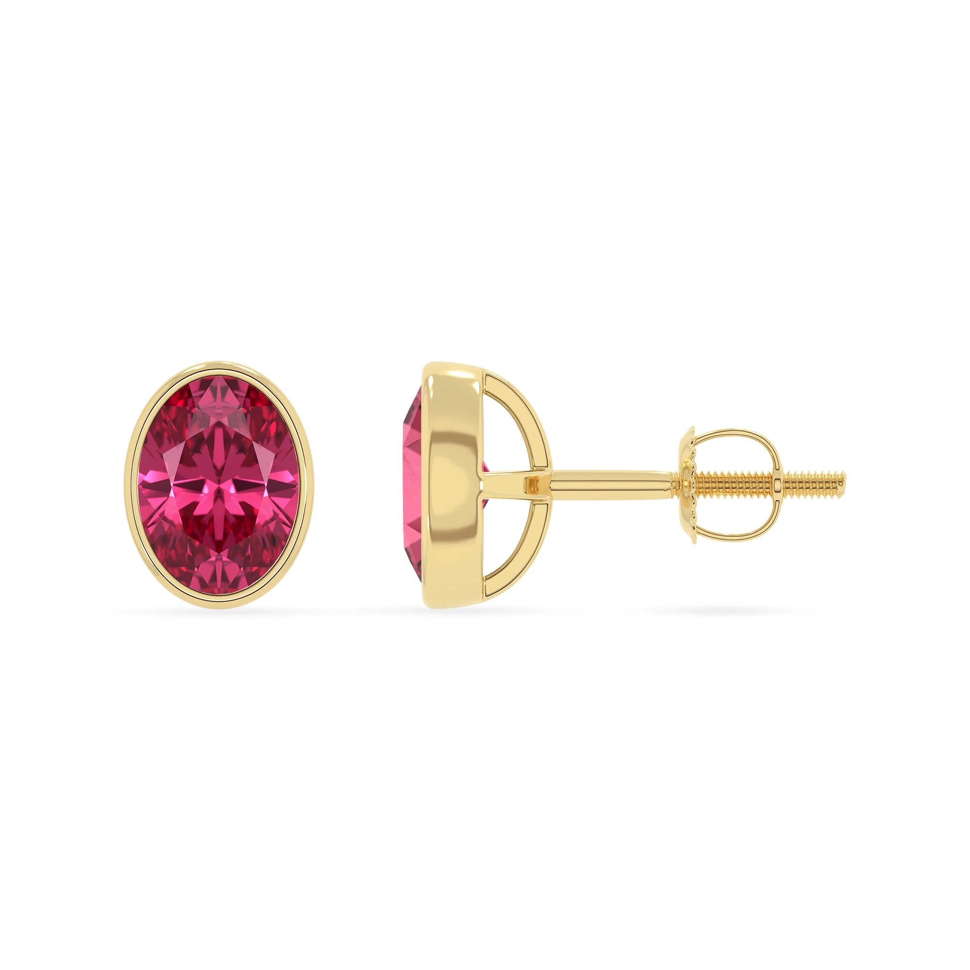 lab grown pink tourmaline oval stud earrings in yellow gold