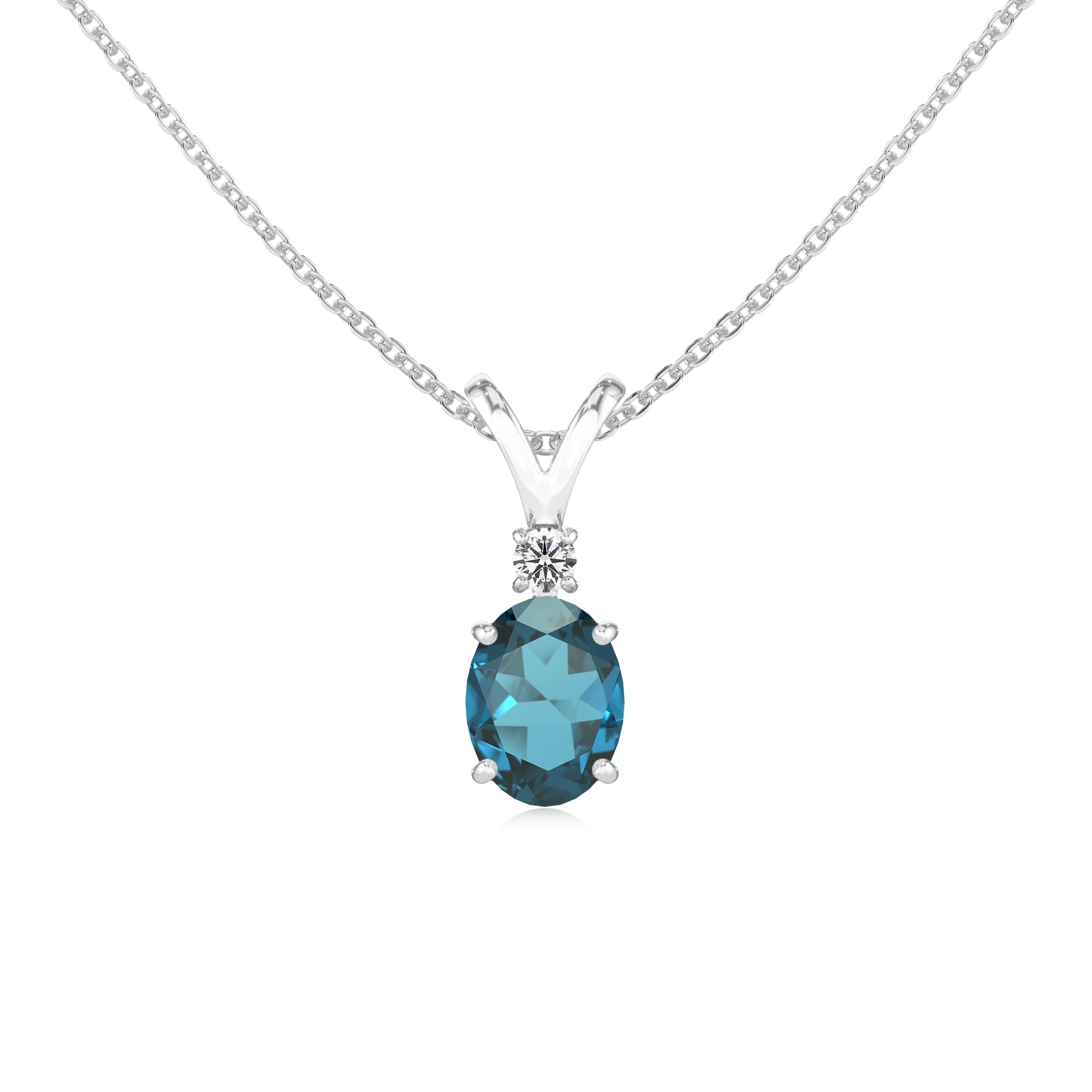 natural london-blue-topaz oval solitaire v-bale necklaces in platinum