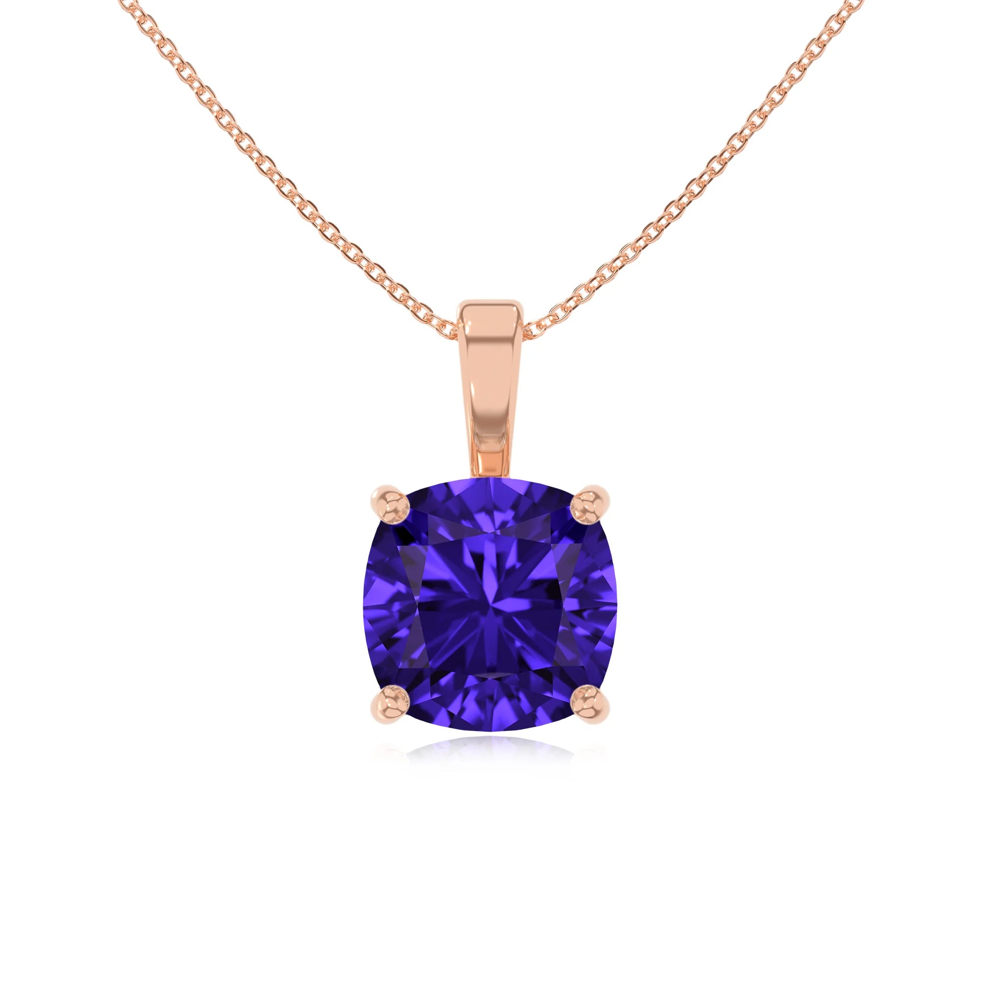 lab grown tanzanite cushion solitaire necklaces in rose gold