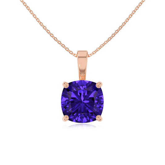 lab grown tanzanite cushion solitaire necklaces in rose gold