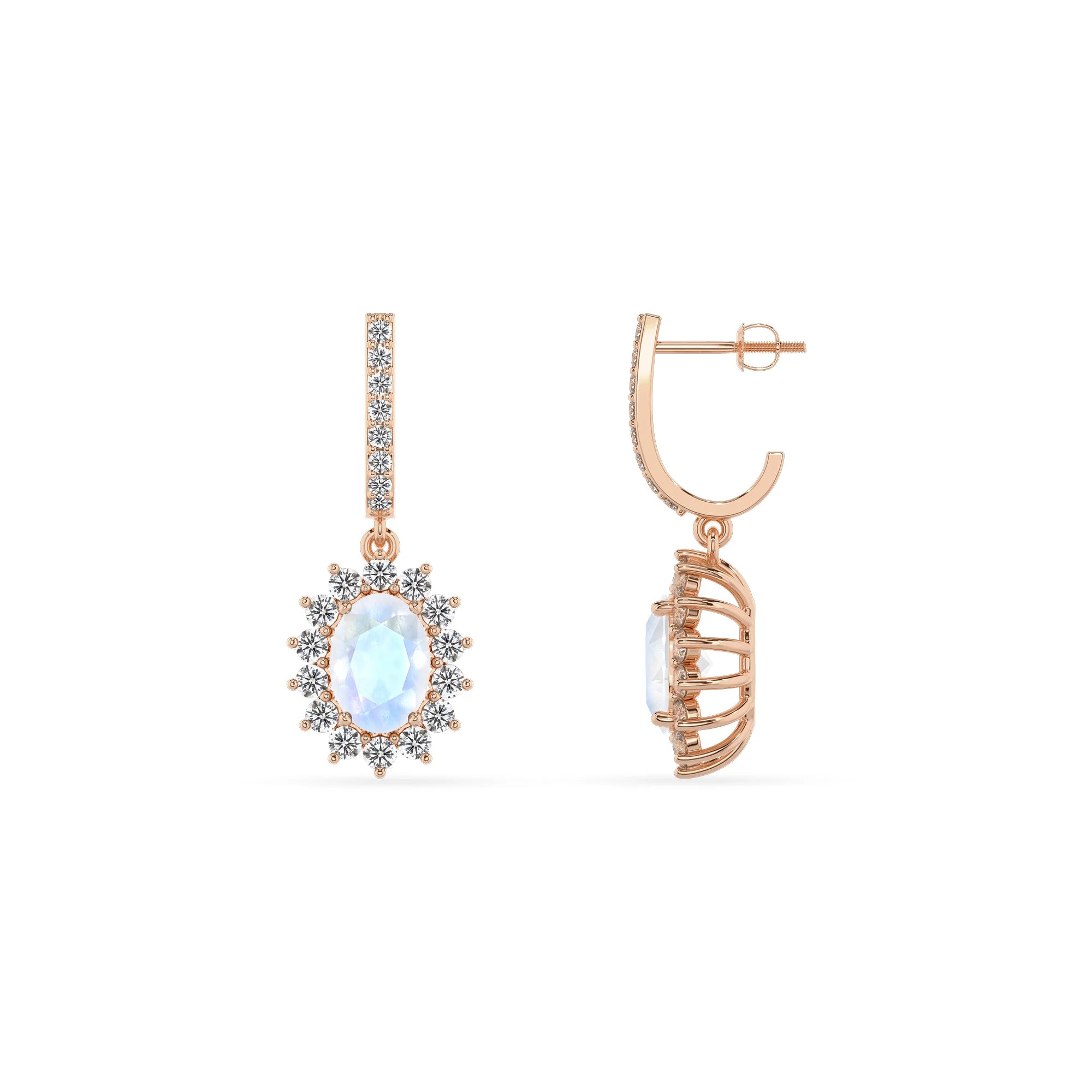 natural rainbow moonstone oval drop earrings in rose gold