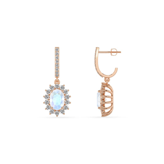 natural rainbow moonstone oval drop earrings in rose gold