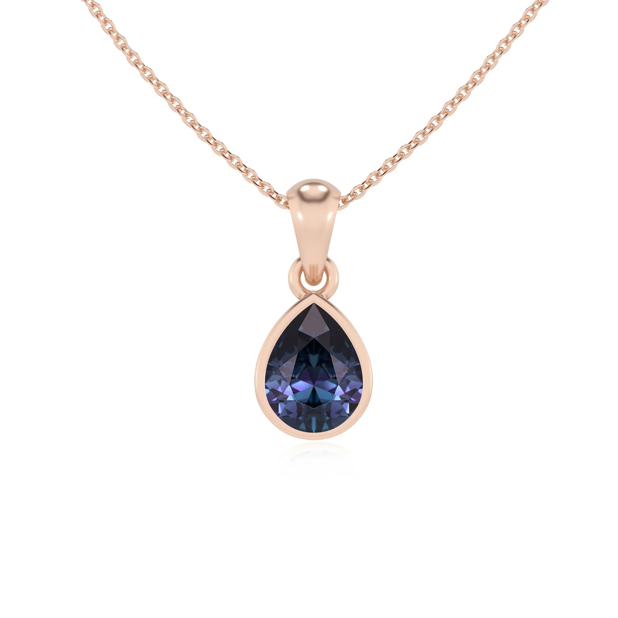 lab grown alexandrite pear solitaire necklaces in rose gold