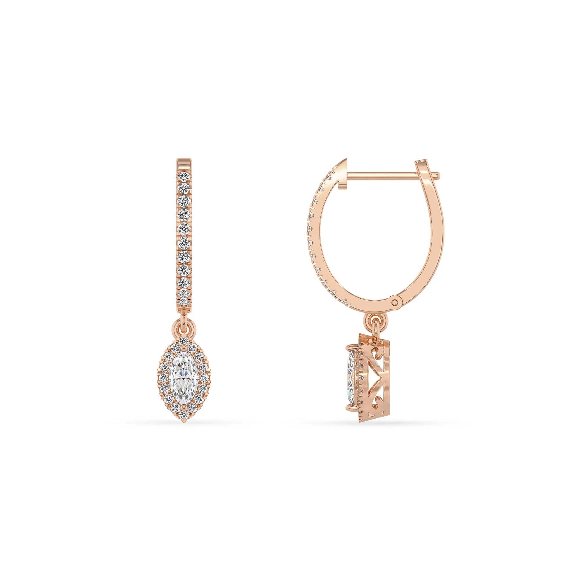 lab grown moissanite marquise drop earrings in rose gold