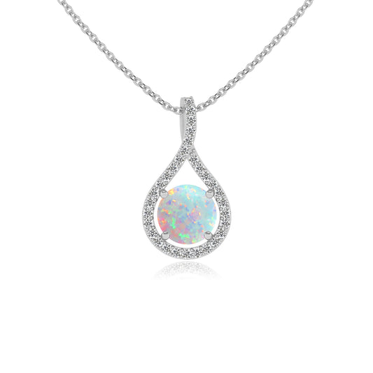 lab grown opal round solitaire necklaces in white gold