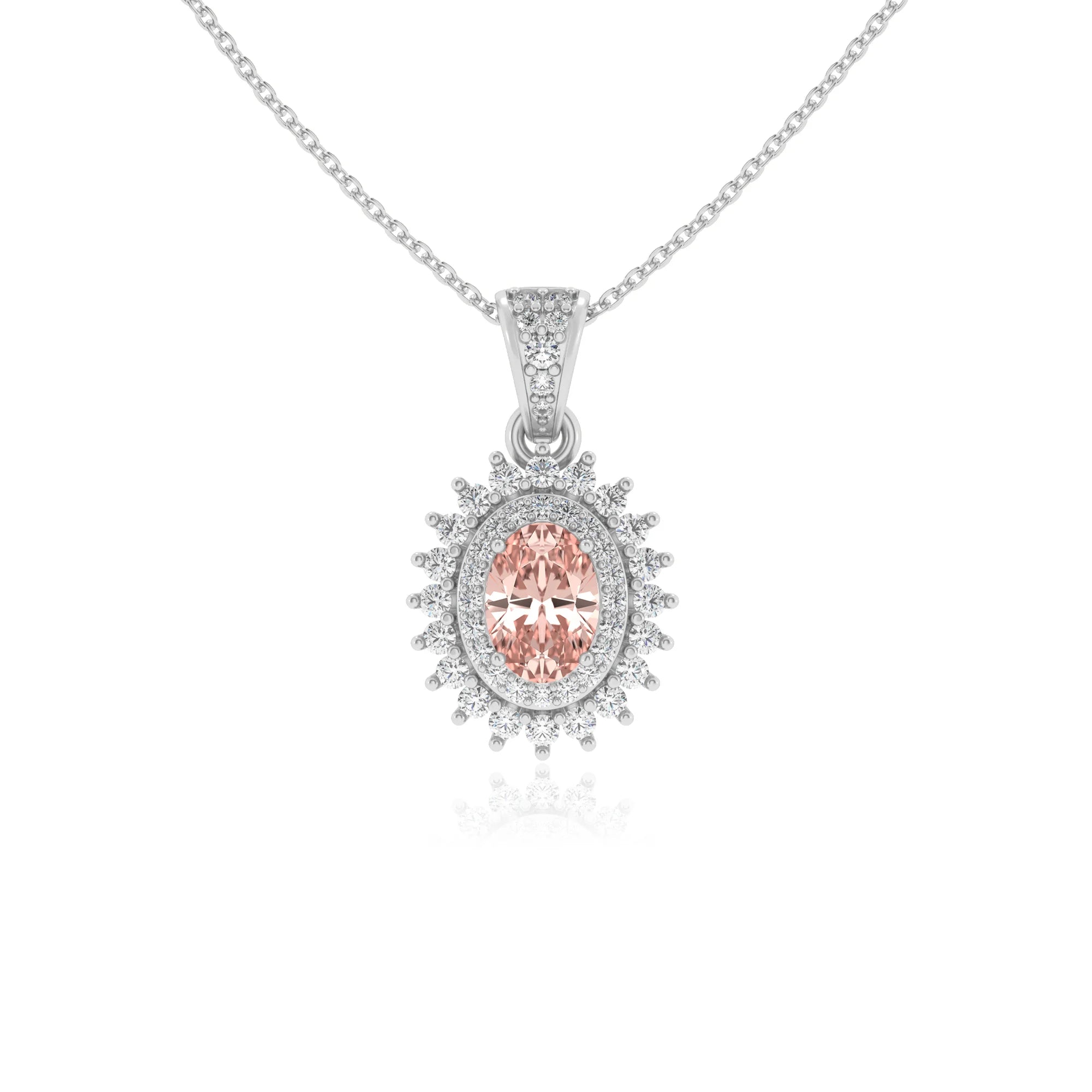 lab grown morganite oval halo necklaces in white gold
