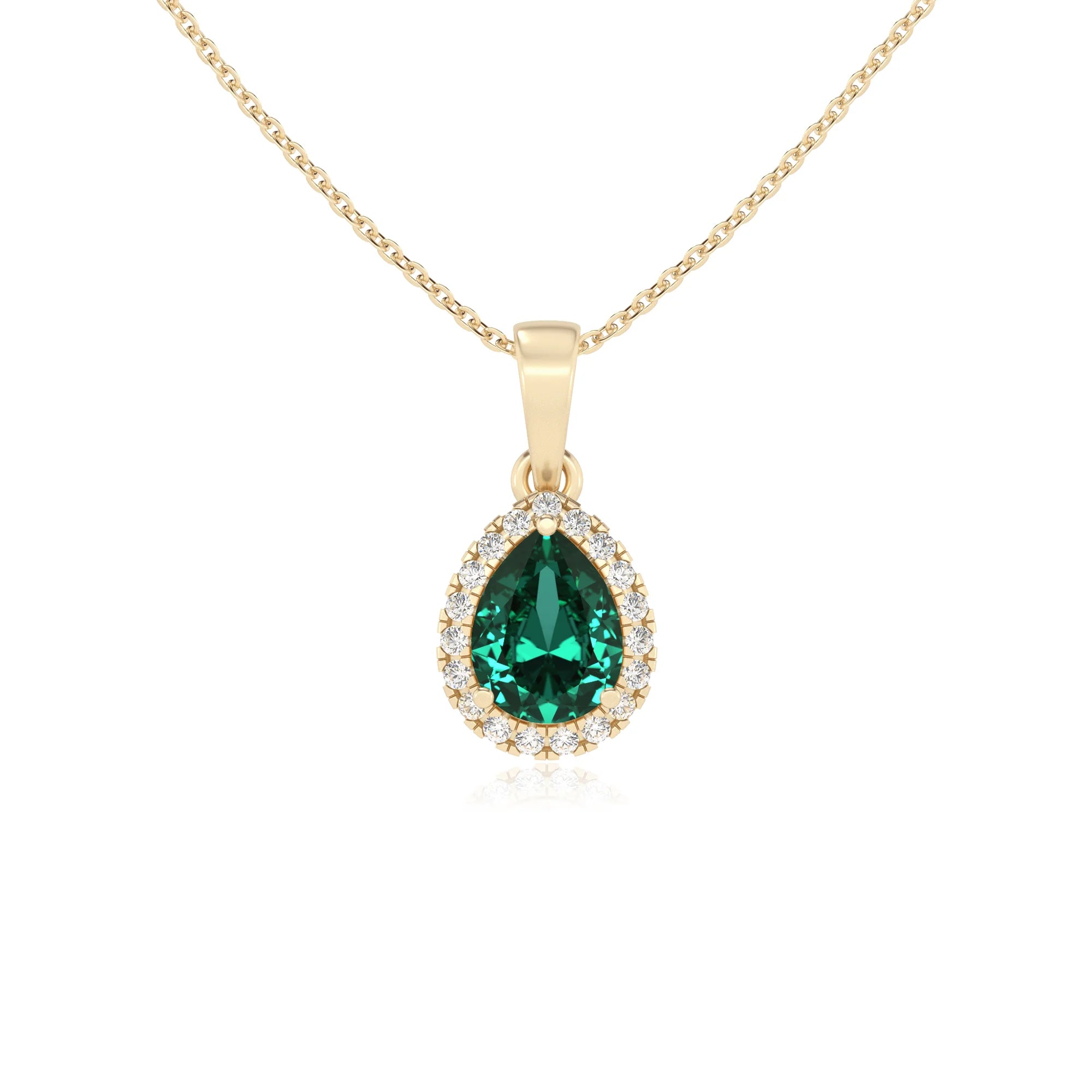 lab grown emerald pear solitaire necklaces in yellow gold