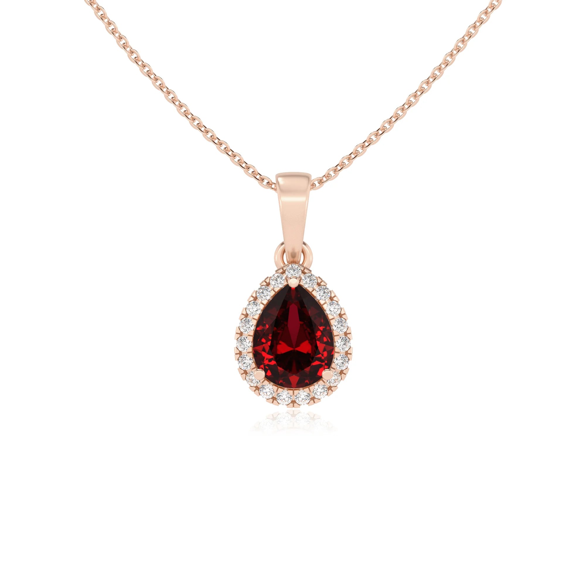 lab grown ruby pear solitaire necklaces in rose gold