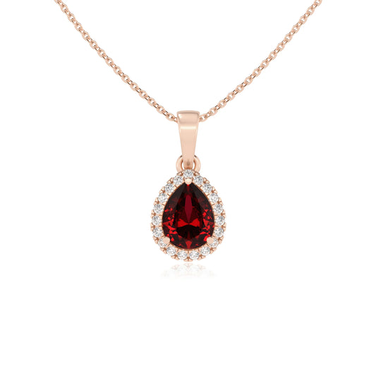 lab grown ruby pear solitaire necklaces in rose gold