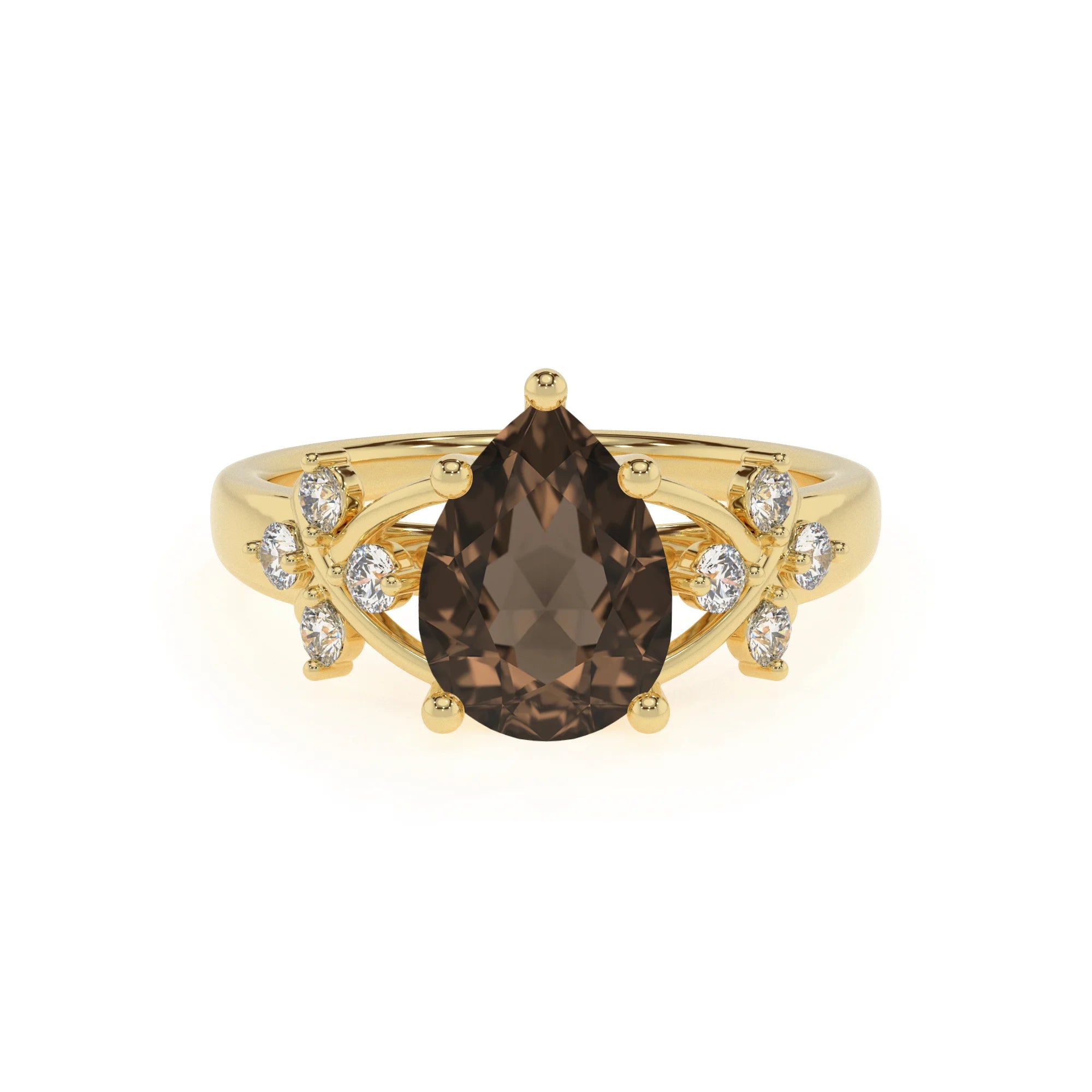 natural smoky-quartz pear solitaire rings in yellow gold