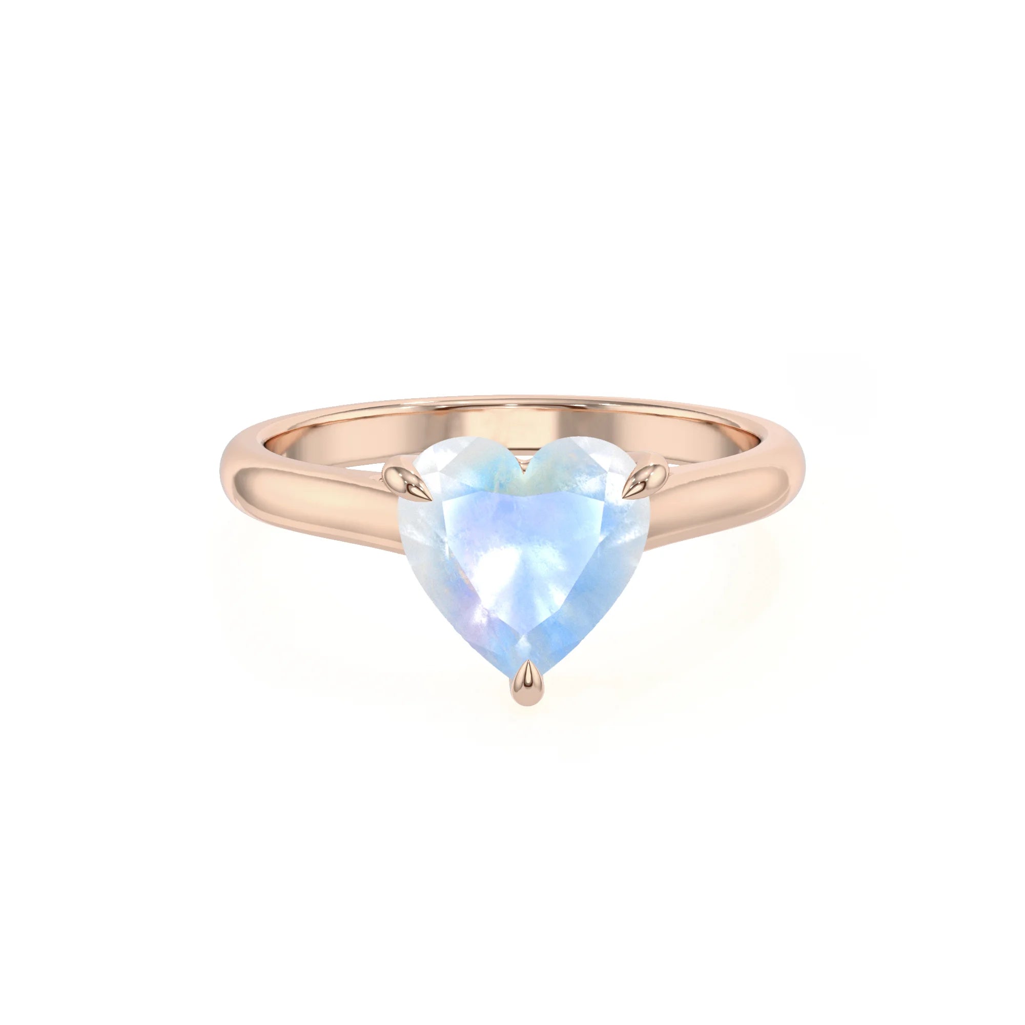 natural rainbow-moonstone heart solitaire rings in rose gold
