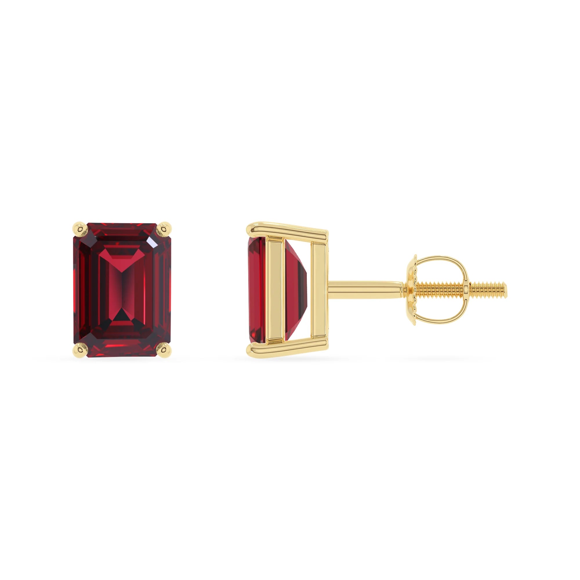 lab grown ruby emerald cut stud earrings in yellow gold