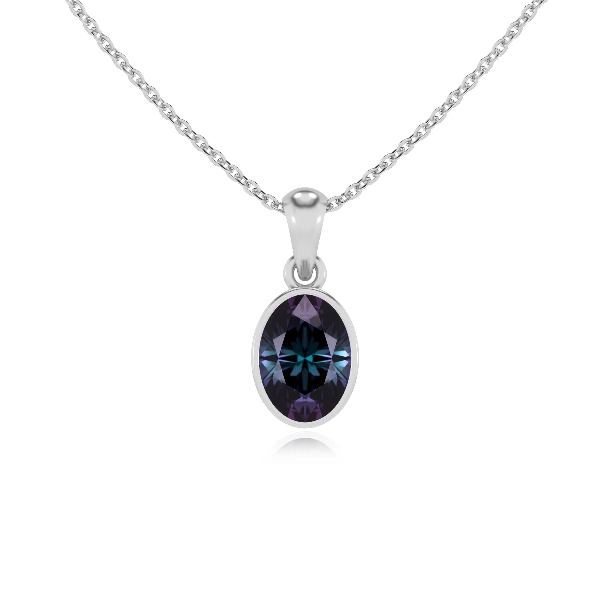 lab grown alexandrite oval solitaire necklaces in white gold