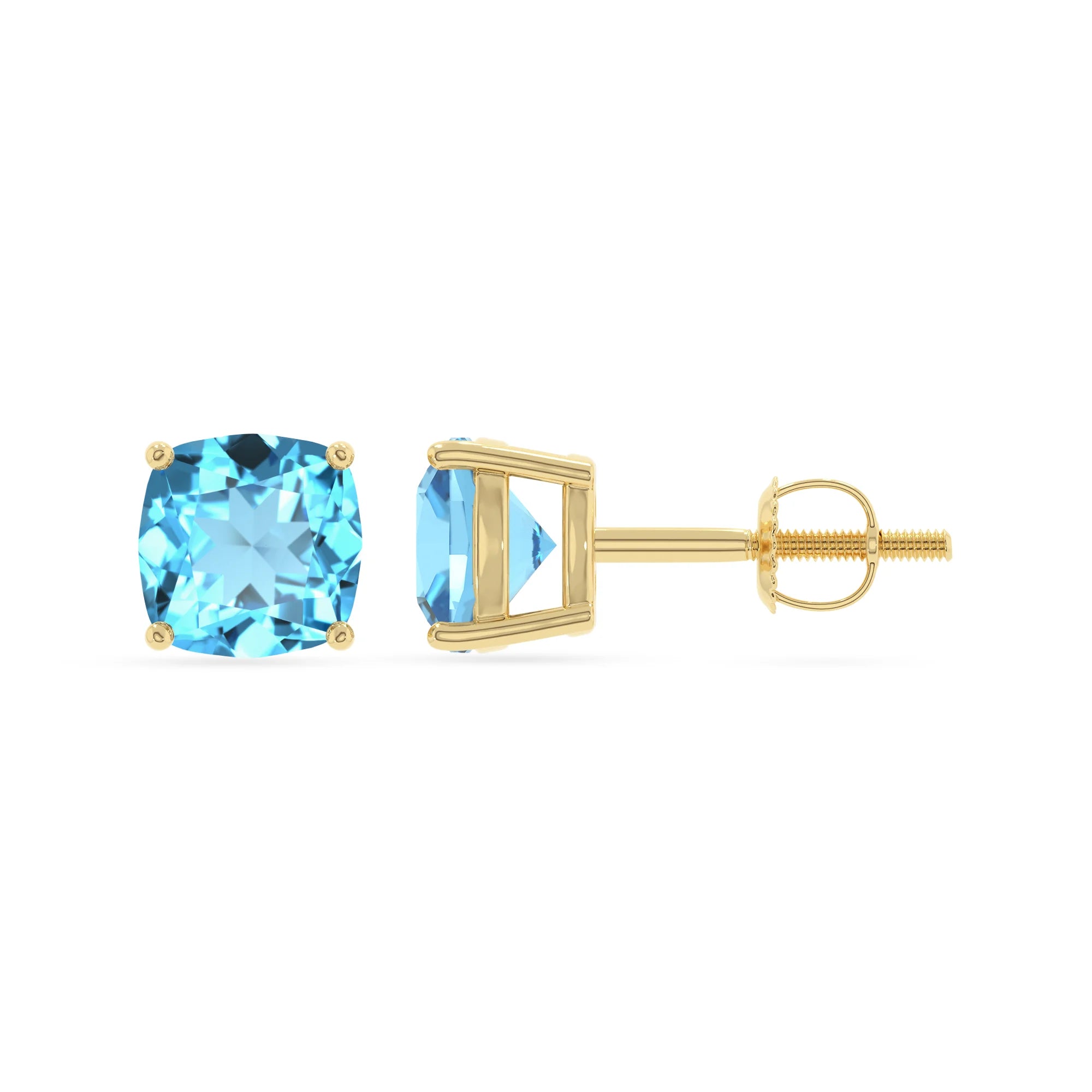 natural swiss blue topaz cushion stud earrings in yellow gold