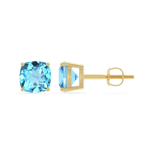 natural swiss blue topaz cushion stud earrings in yellow gold