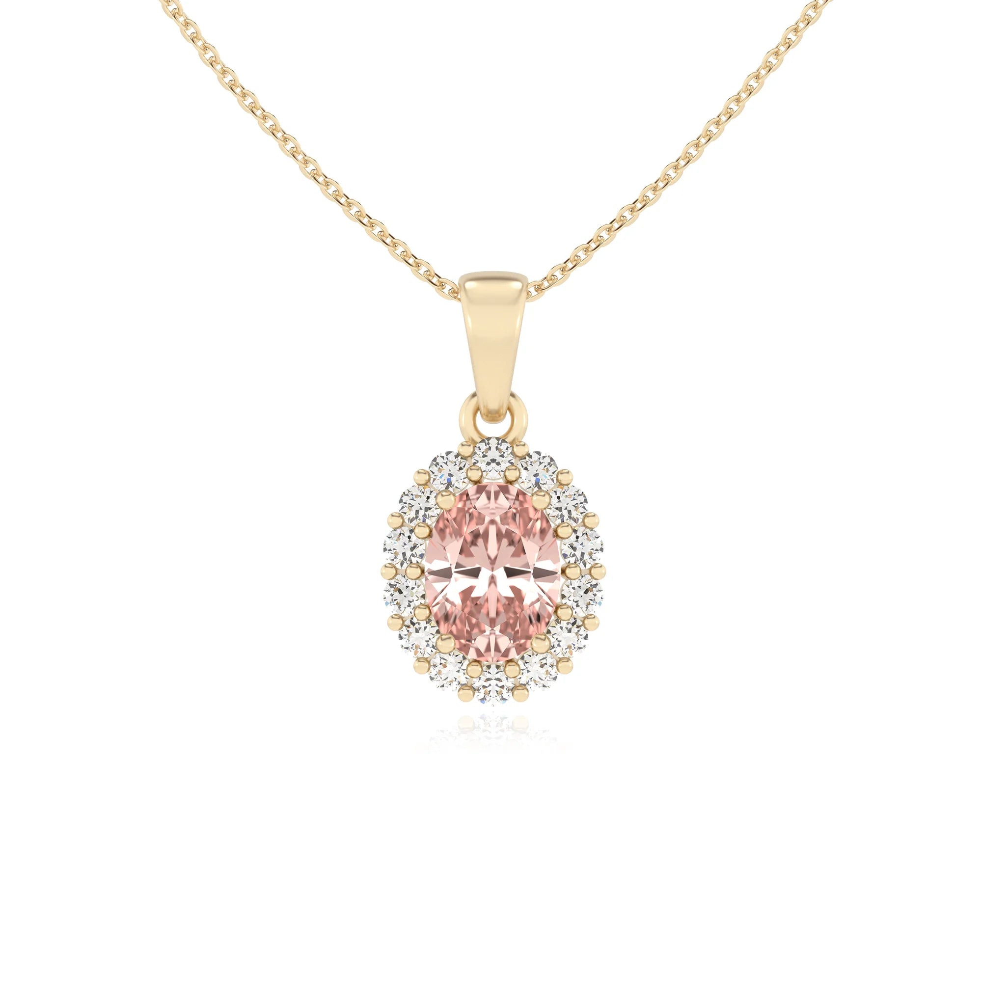 lab grown morganite oval solitaire necklaces in yellow gold