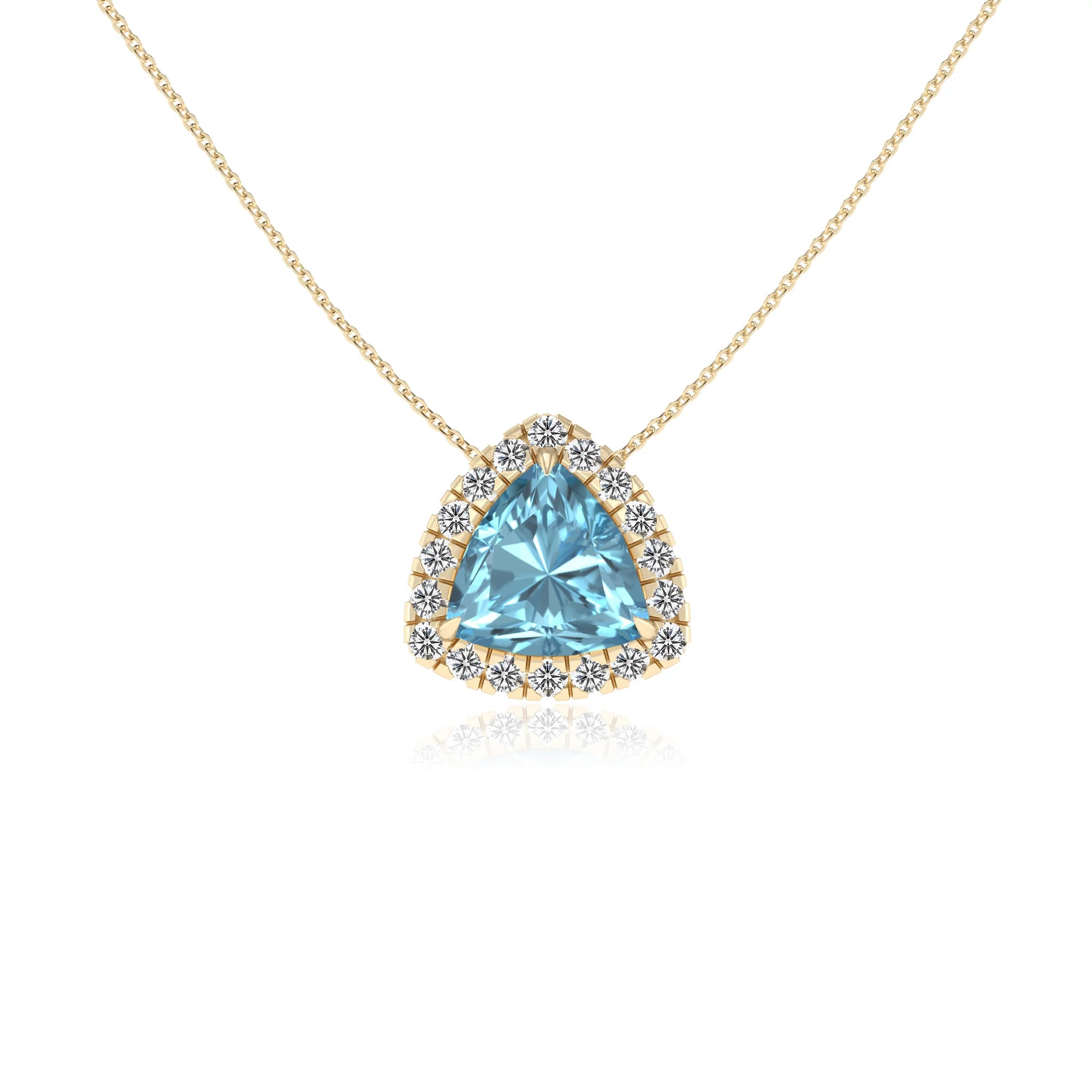lab grown aquamarine trillion solitaire necklaces in yellow gold