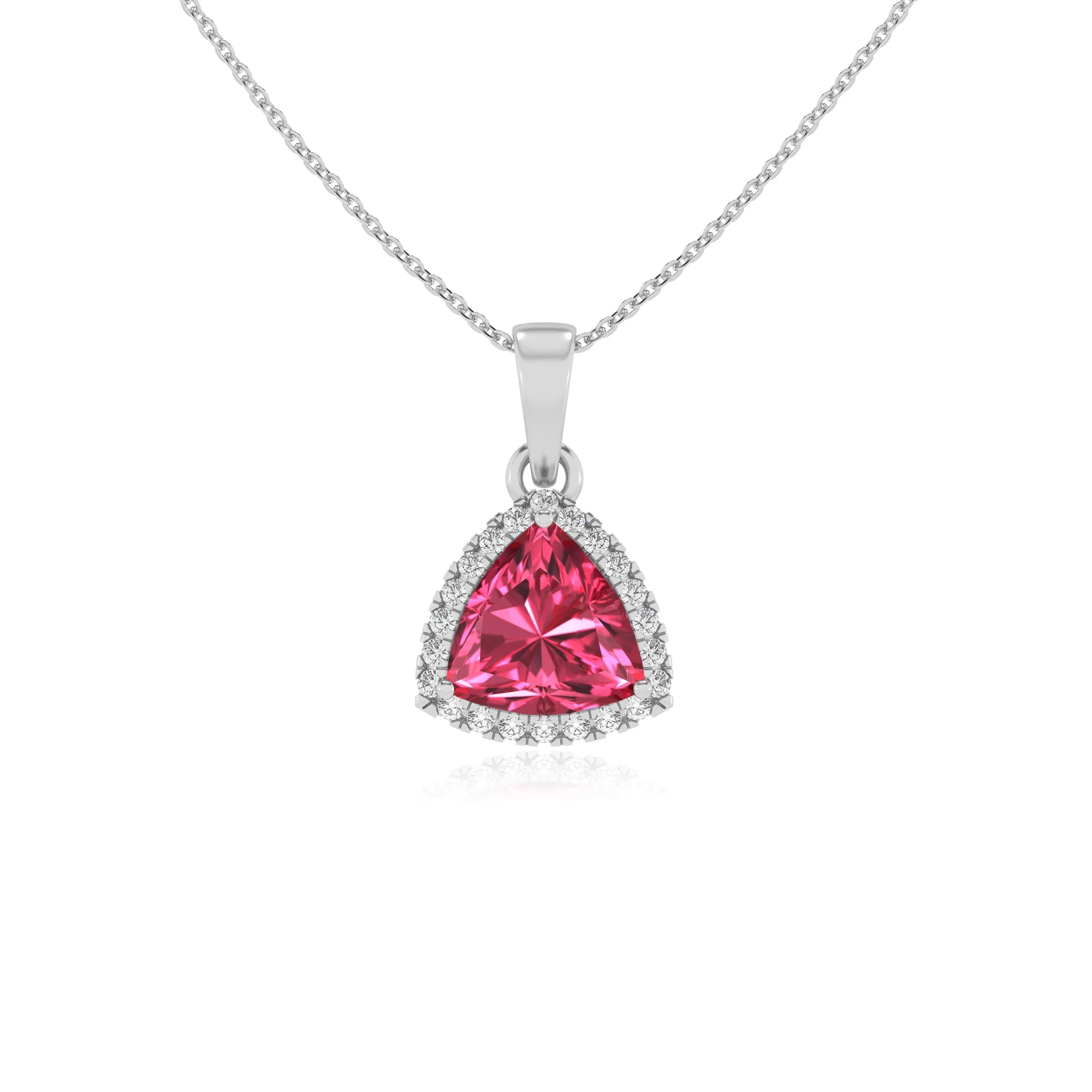 lab grown pink-tourmaline trillion solitaire necklaces in sterling silver